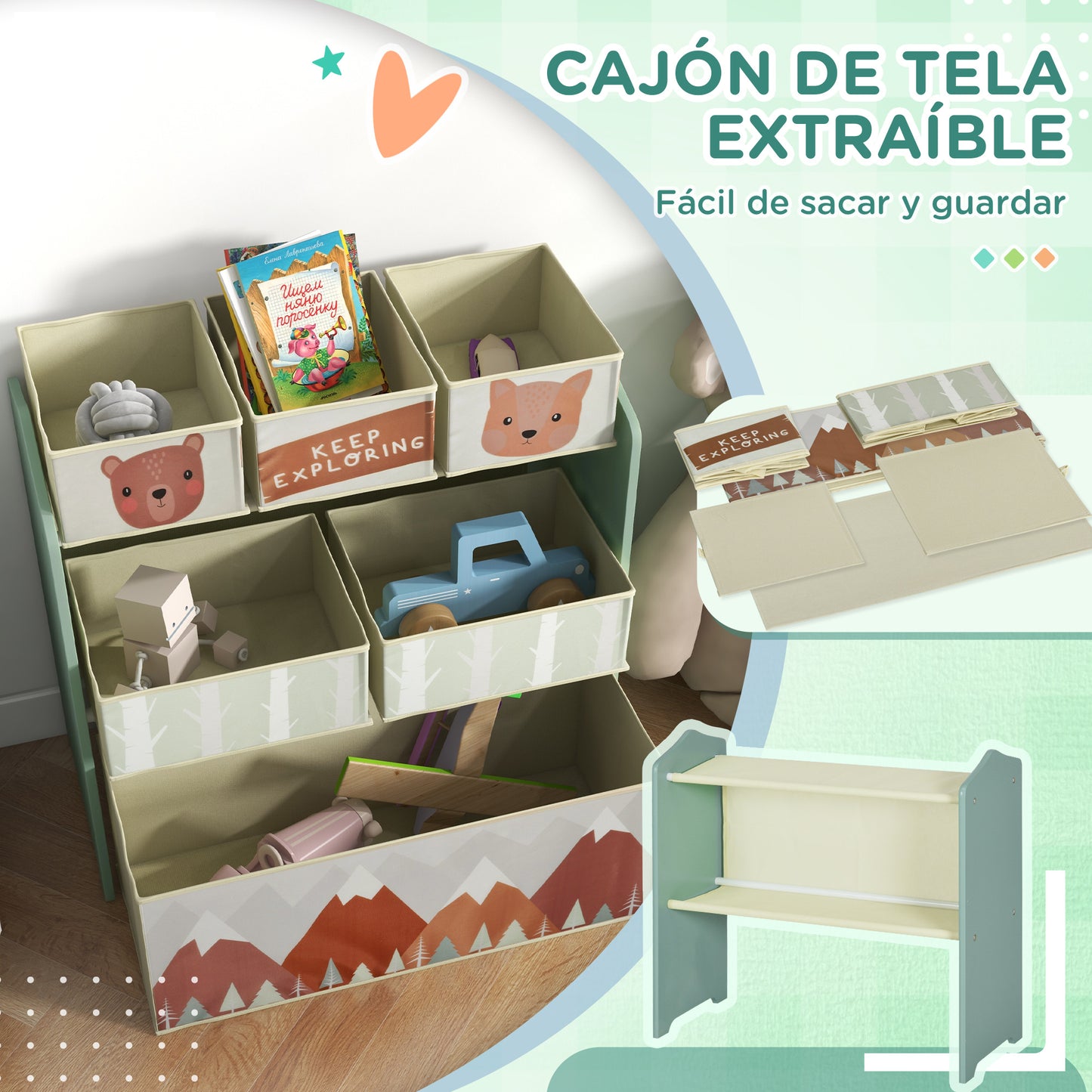 ZONEKIZ Conjunto para Niños Incluye 1 Cama Infantil 1 Estantería para Juguetes con Pizarra Pintable y 1 Organizador de Juguetes con 6 Cajas de Tela Extraíbles Verde