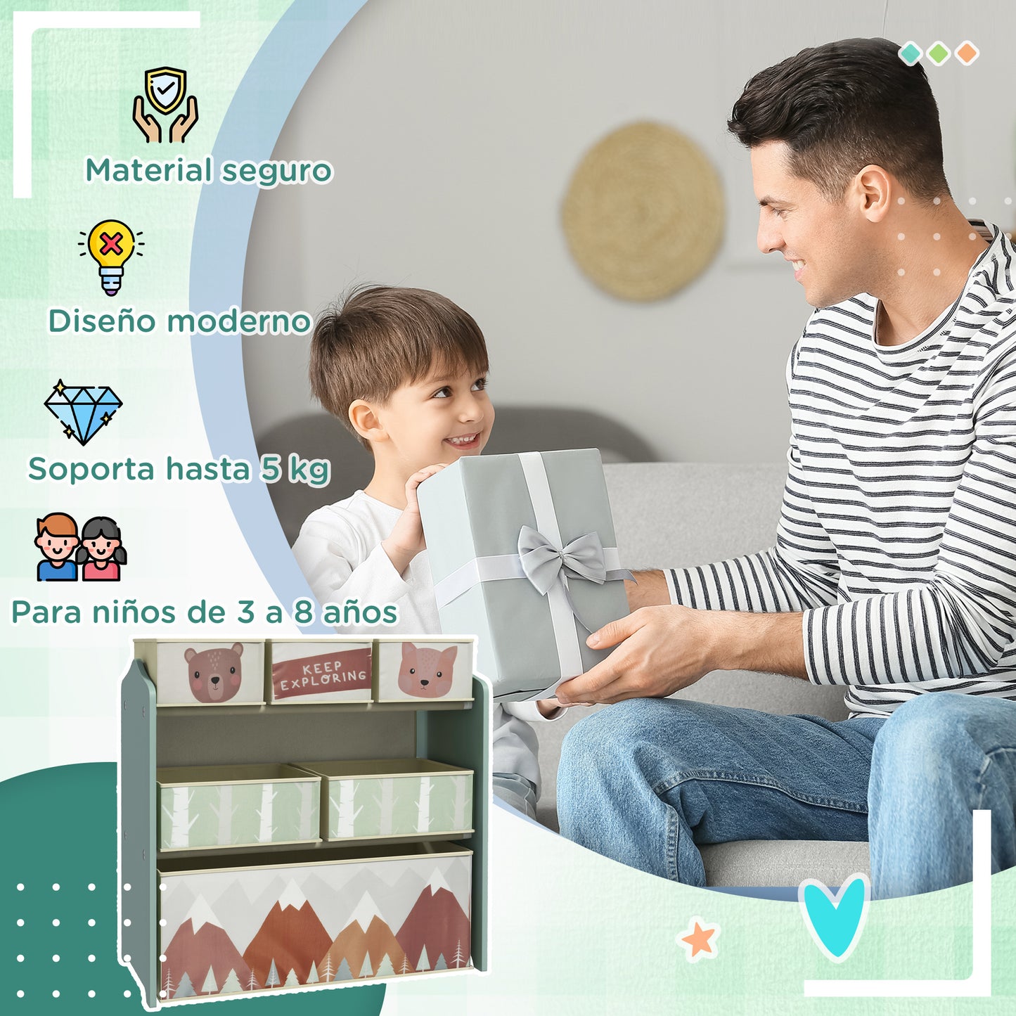 ZONEKIZ Conjunto para Niños Incluye 1 Cama Infantil 1 Estantería para Juguetes con Pizarra Pintable y 1 Organizador de Juguetes con 6 Cajas de Tela Extraíbles Verde