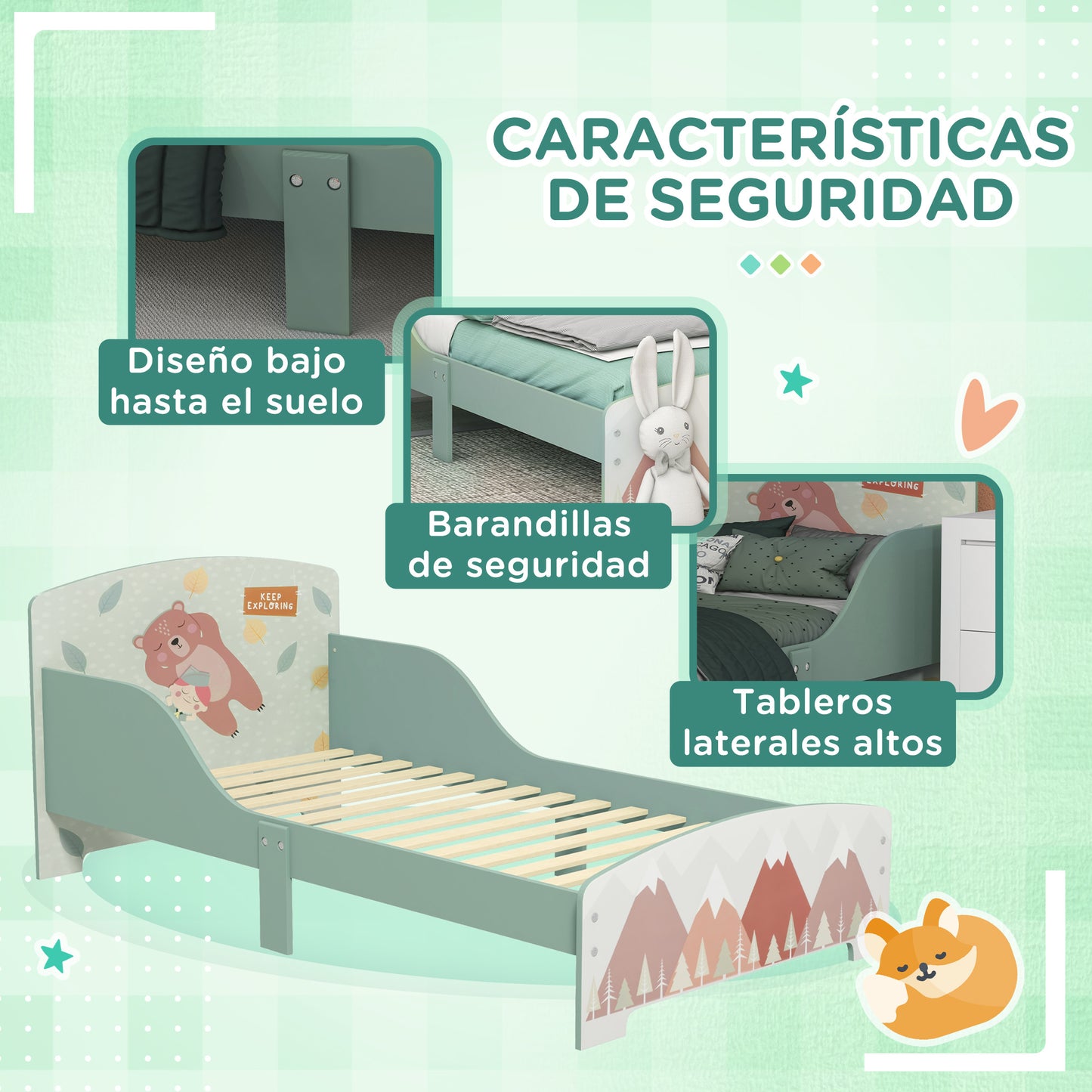 ZONEKIZ Conjunto para Niños Incluye 1 Cama Infantil 1 Estantería para Juguetes con Pizarra Pintable y 1 Organizador de Juguetes con 6 Cajas de Tela Extraíbles Verde