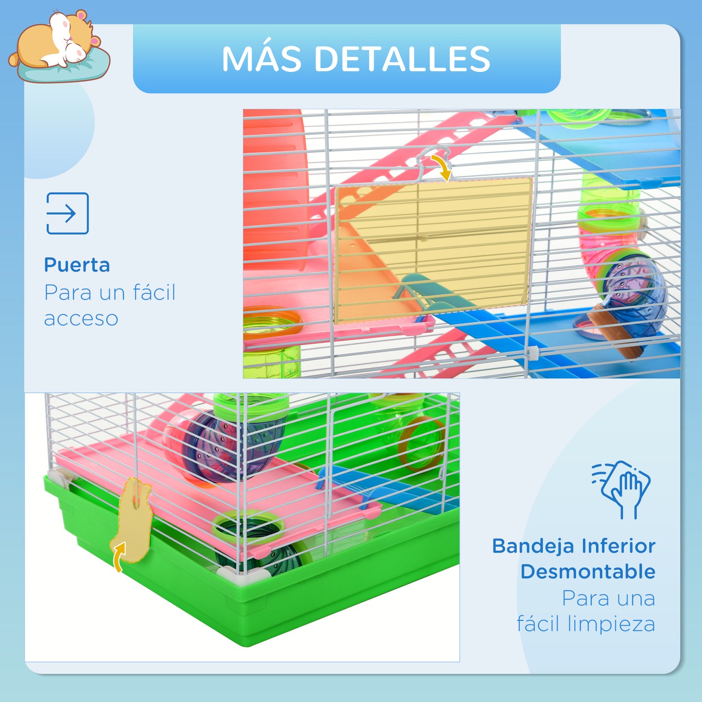 PawHut Jaula para Hámster Casa para Animales Pequeños con Túnel Plataformas Cuenco Bebedero Casita Rampas y Rueda de Ejercicio 46x30x58cm Verde y Blanco