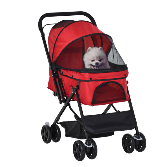 PawHut Carrito para Perros Plegable Cochecito para Perros Pequeños Cochecito para Mascotas con Mango Reversible Ventana de Malla Cesta de Almacenamiento y Cuerda de Seguridad 76,5x52x95 cm Rojo