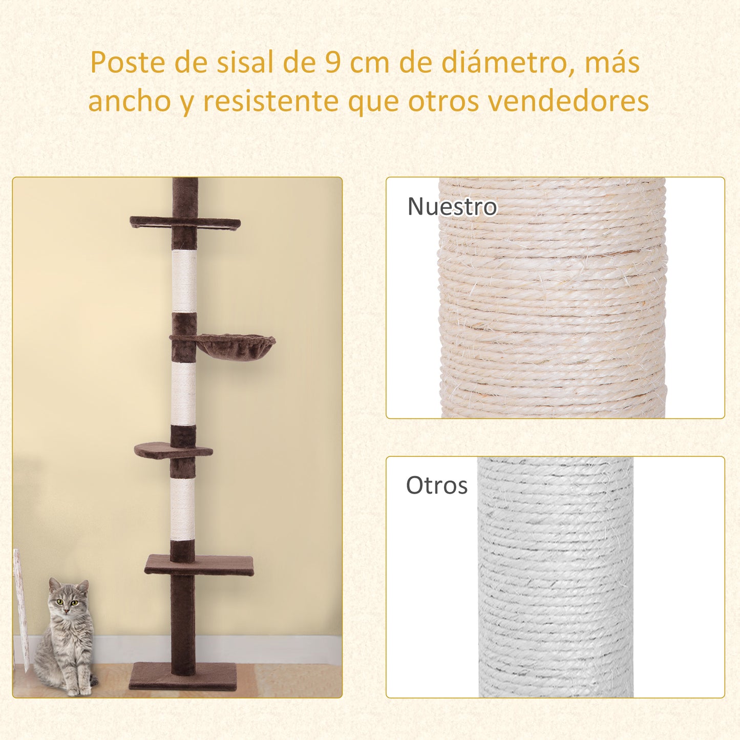 PawHut Árbol para Gatos de Suelo a Techo de 230-260 cm Torre para Gatos con Altura Ajustable Plataformas Hamaca y Postes de Sisal Marrón