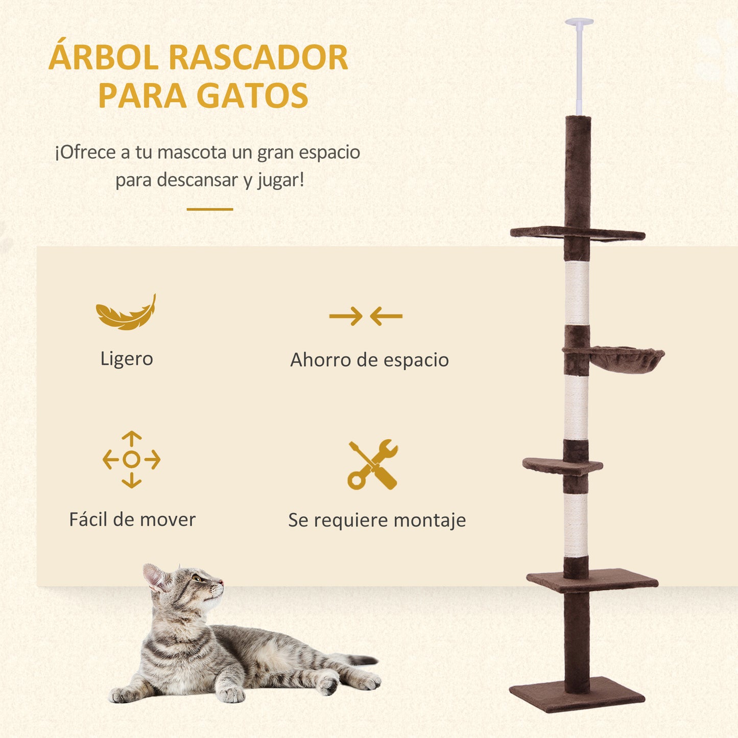 PawHut Árbol para Gatos de Suelo a Techo de 230-260 cm Torre para Gatos con Altura Ajustable Plataformas Hamaca y Postes de Sisal Marrón