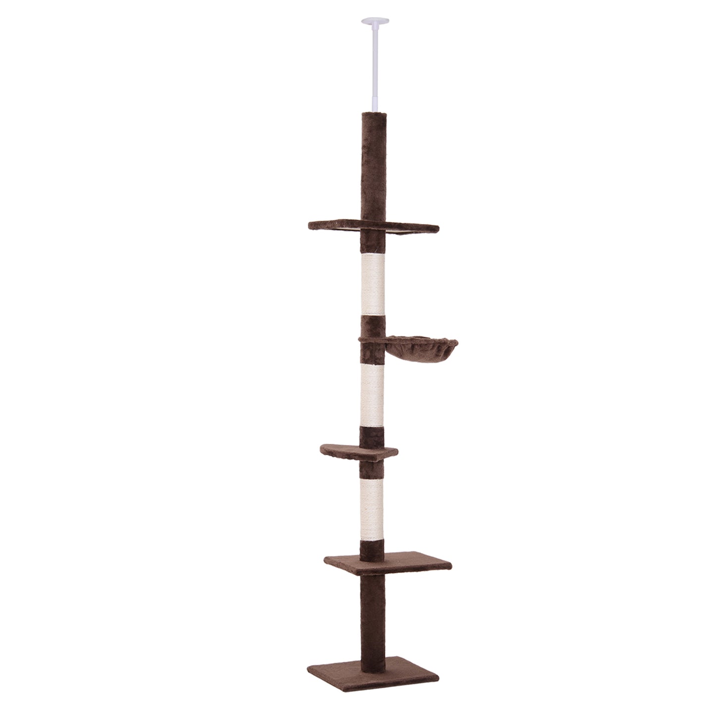 PawHut Árbol para Gatos de Suelo a Techo de 230-260 cm Torre para Gatos con Altura Ajustable Plataformas Hamaca y Postes de Sisal Marrón