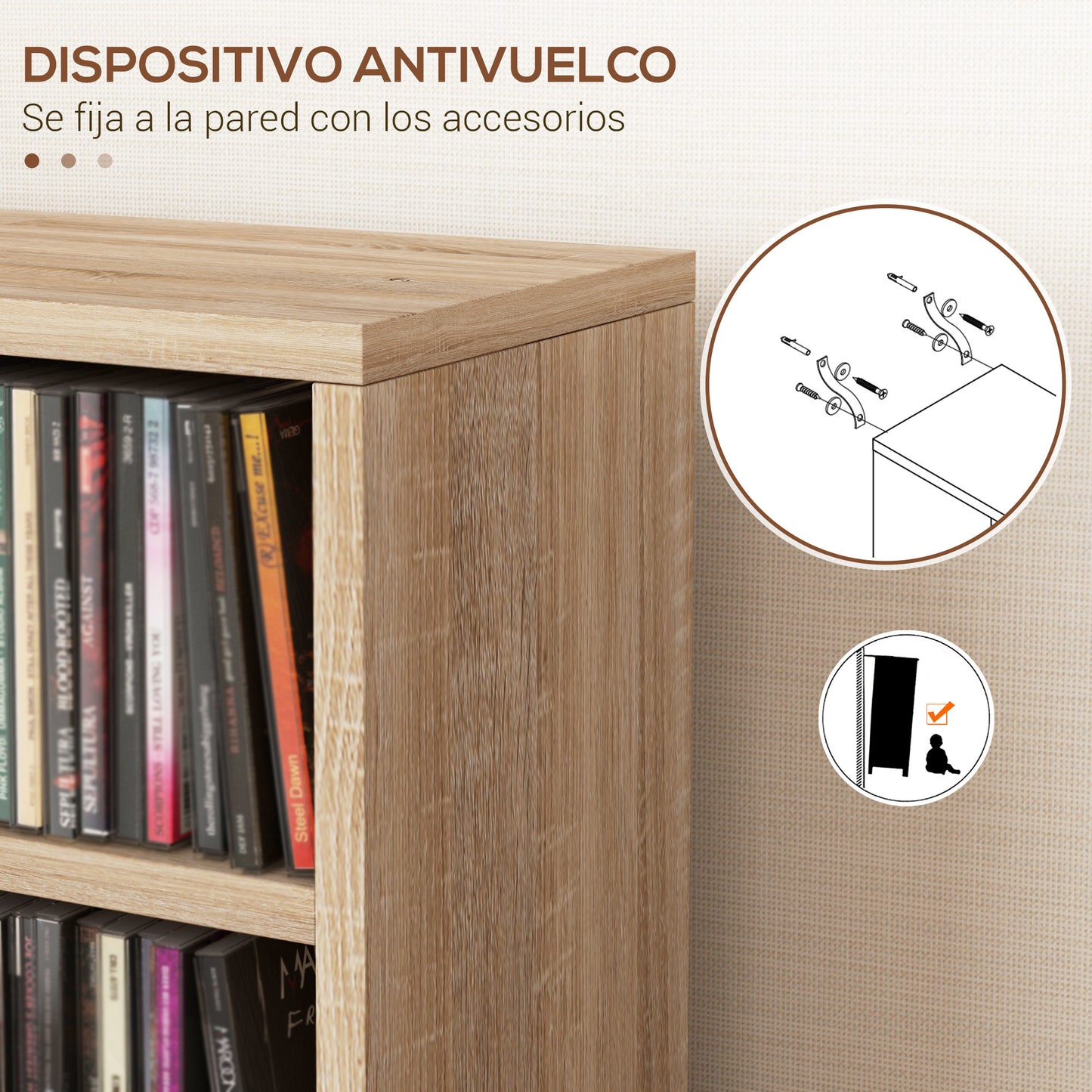 HOMCOM Estanterías para CD o DVD Soportes para CD con 12 Compartimientos para 204 CDs y Estante Ajustable para Salón Dormitorio Oficina 21x22,5x88,5 cm Roble