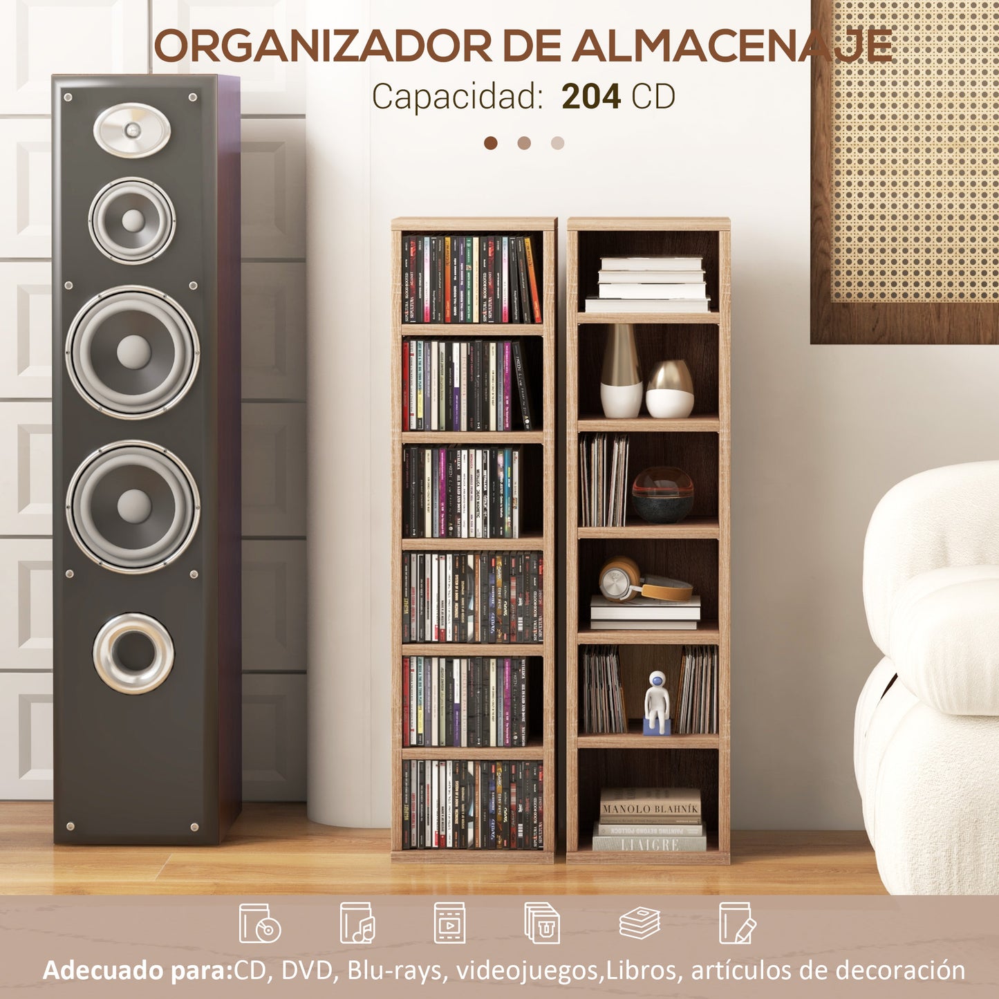 HOMCOM Estanterías para CD o DVD Soportes para CD con 12 Compartimientos para 204 CDs y Estante Ajustable para Salón Dormitorio Oficina 21x22,5x88,5 cm Roble