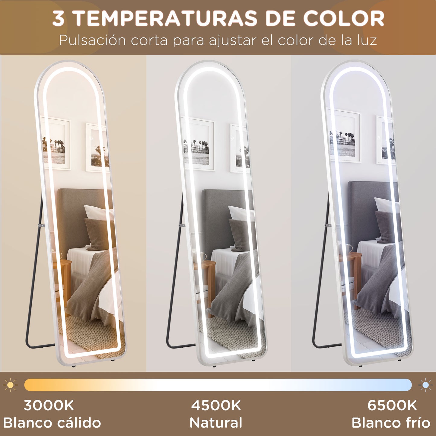 HOMCOM Espejo de Cuerpo Entero con Luces LED 150x40 cm Espejo de Pie o de Pared con Marco de Aleación de Aluminio Iluminación de 3 Colores Función de Memoria y Táctil Inteligente Plata