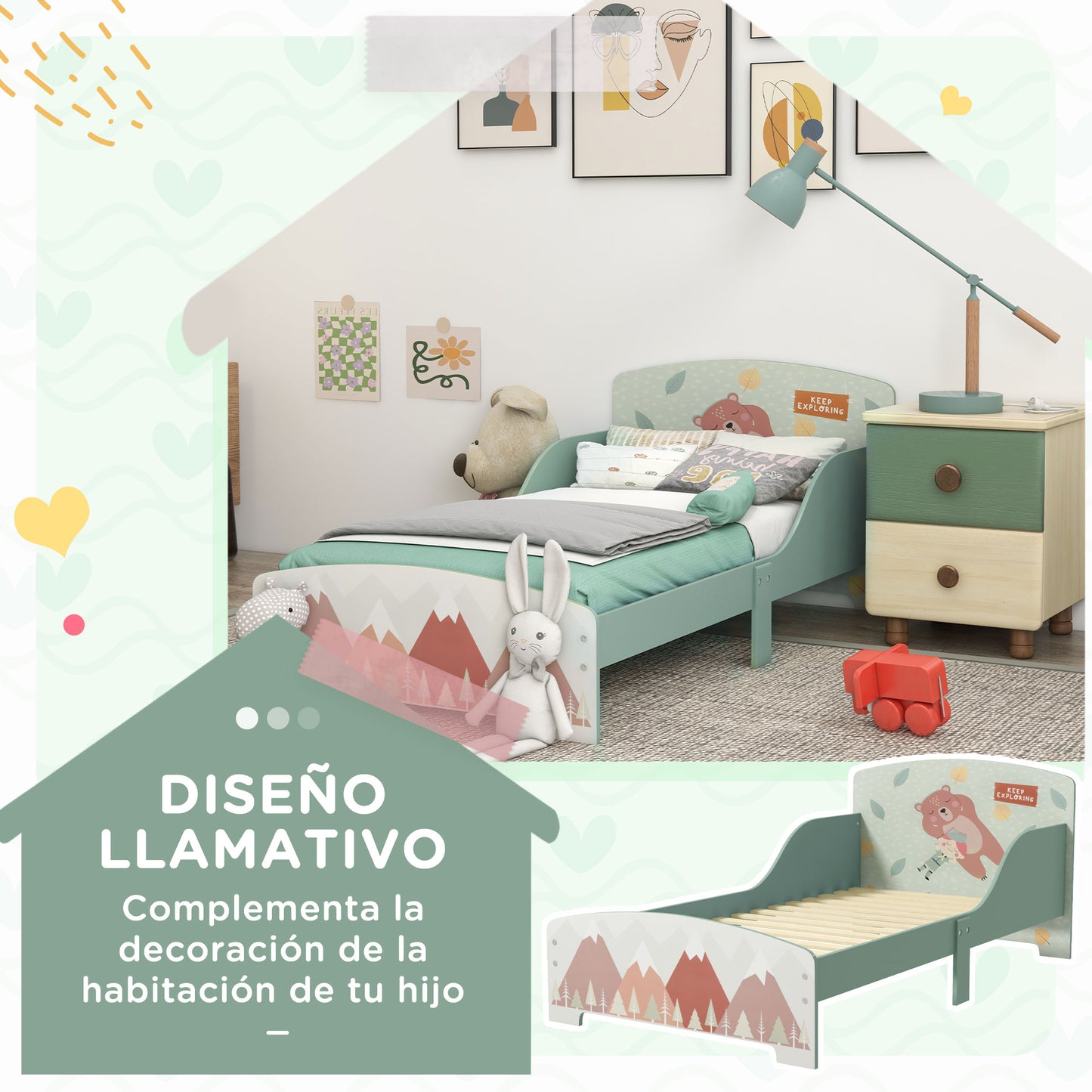 ZONEKIZ Cama Infantil de Madera 143x77x60 cm Cama para Niños de 3-6 Años con Barreras de Protección y Estampados Carga Máx. 40 kg Mueble de Dormitorio Moderno Verde