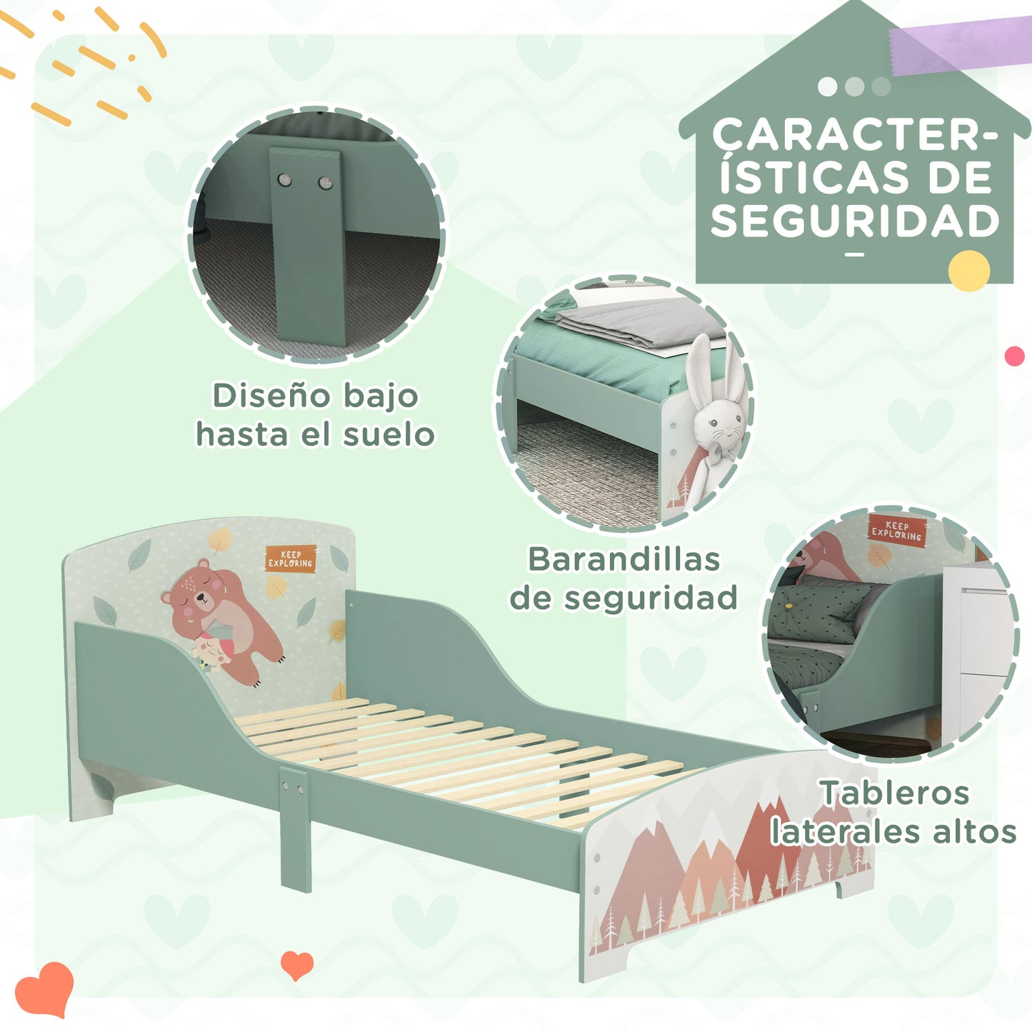 ZONEKIZ Cama Infantil de Madera 143x77x60 cm Cama para Niños de 3-6 Años con Barreras de Protección y Estampados Carga Máx. 40 kg Mueble de Dormitorio Moderno Verde