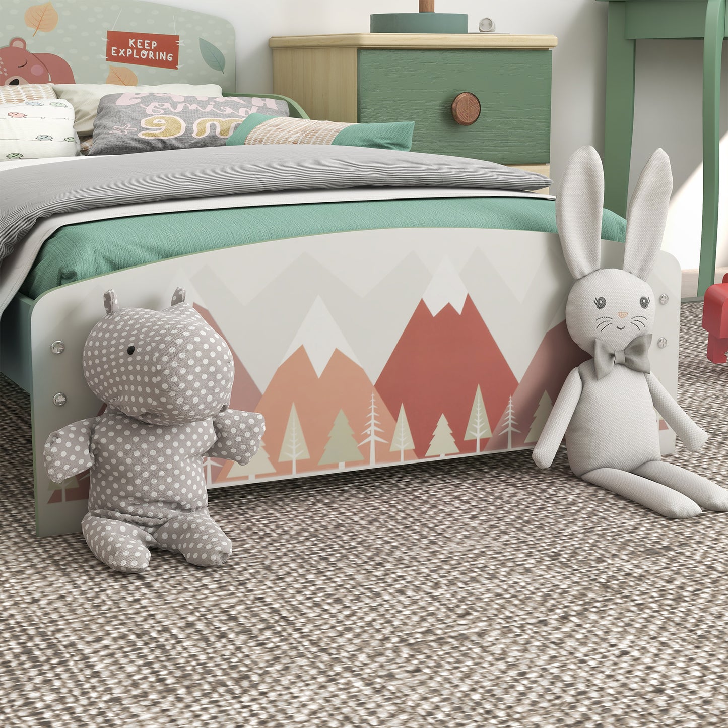 ZONEKIZ Cama Infantil de Madera 143x77x60 cm Cama para Niños de 3-6 Años con Barreras de Protección y Estampados Carga Máx. 40 kg Mueble de Dormitorio Moderno Verde