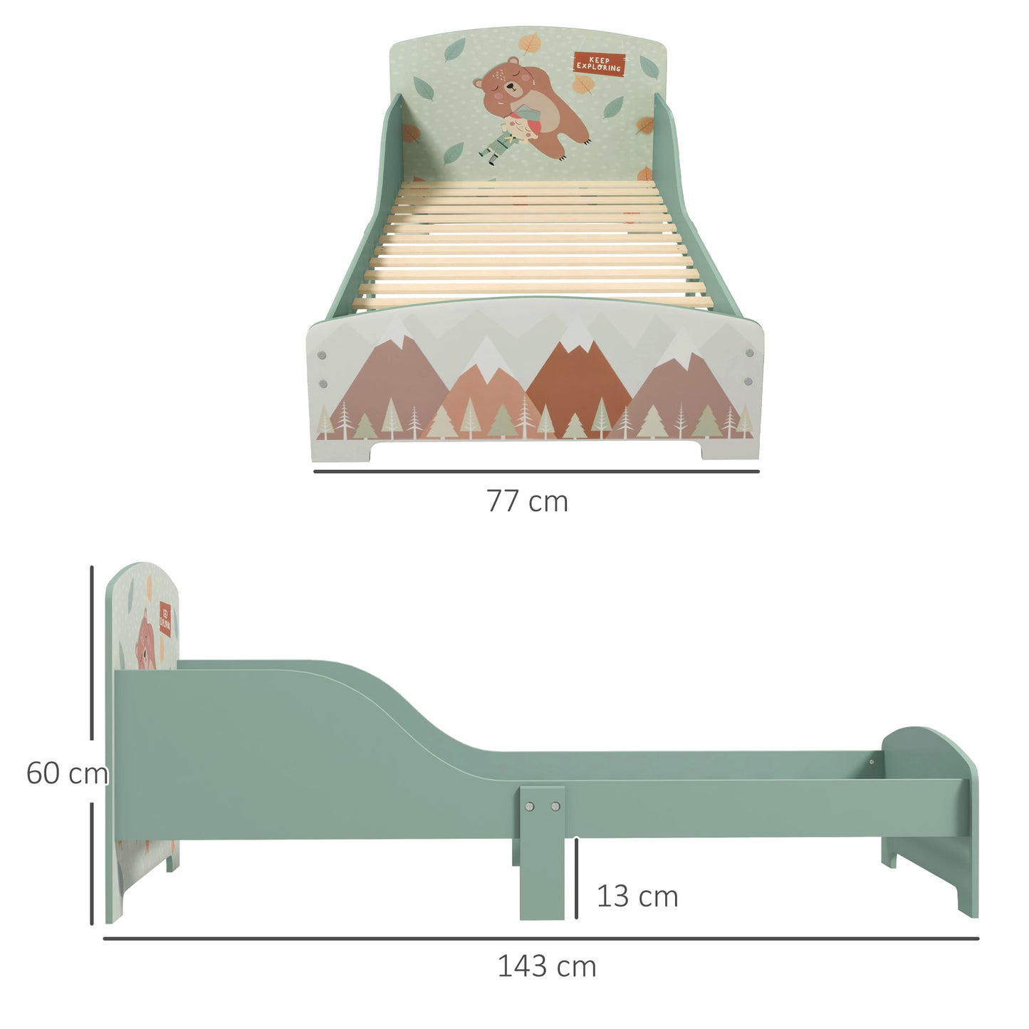 ZONEKIZ Cama Infantil de Madera 143x77x60 cm Cama para Niños de 3-6 Años con Barreras de Protección y Estampados Carga Máx. 40 kg Mueble de Dormitorio Moderno Verde