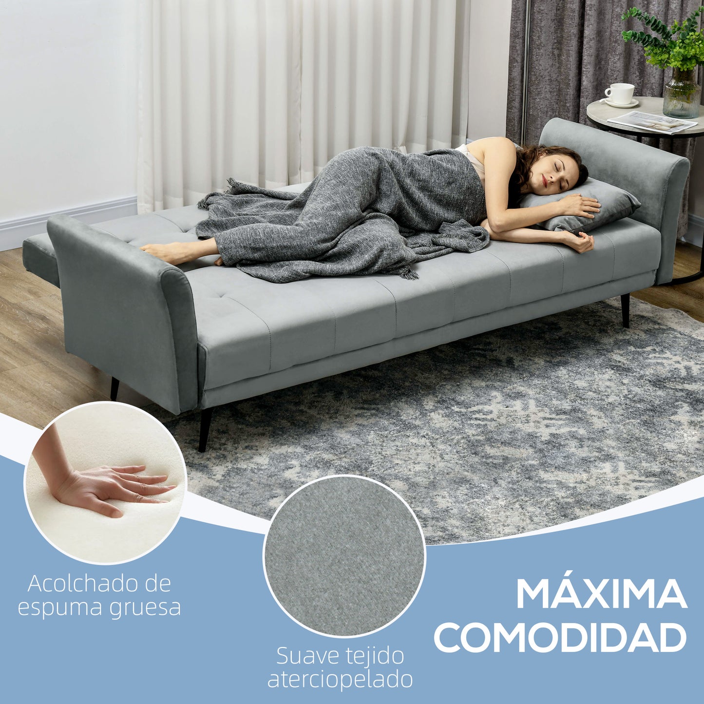 HOMCOM Sofá Cama Convertible Sillón Cama Sofá Cama de 3 Plazas con Respaldo Ajustable de 3 Niveles y 2 Almohadas Acolchadas Carga 360 kg para Oficina Dormitorio Salón Gris