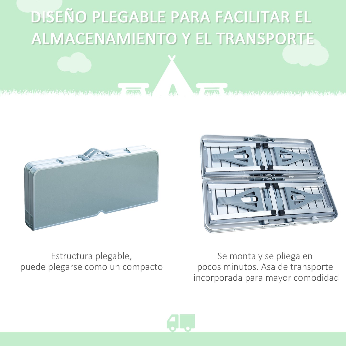 Outsunny Mesa Maleta de Camping Plegable Portátil con 4 Asientos y Agujero para Sombrilla Estructura de Aluminio para Playa Picnic 136x85,5x66 cm Plata