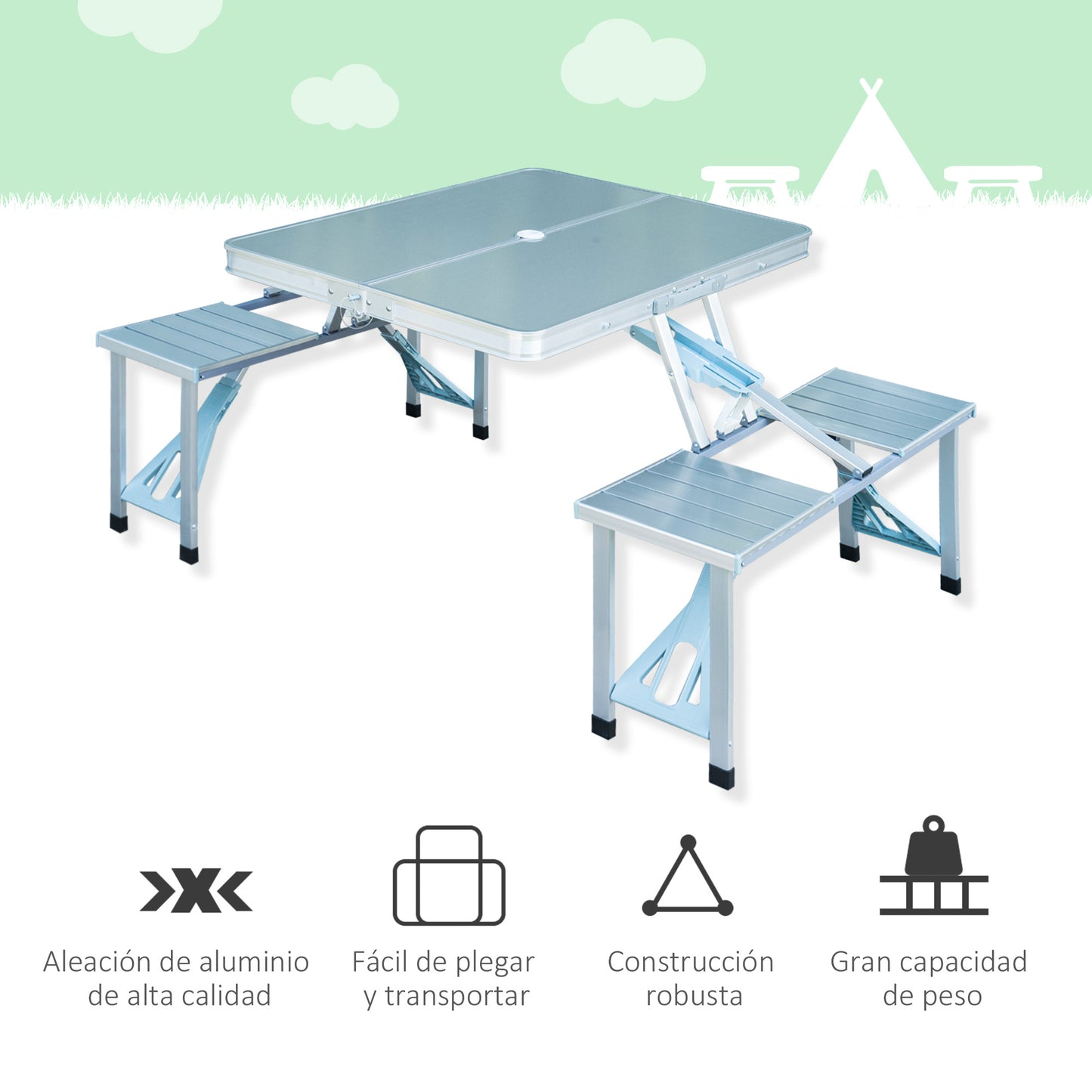 Outsunny Mesa Maleta de Camping Plegable Portátil con 4 Asientos y Agujero para Sombrilla Estructura de Aluminio para Playa Picnic 136x85,5x66 cm Plata