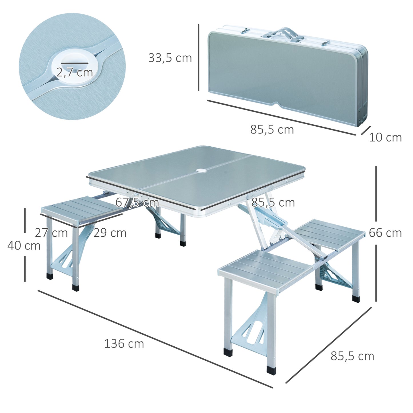 Outsunny Mesa Maleta de Camping Plegable Portátil con 4 Asientos y Agujero para Sombrilla Estructura de Aluminio para Playa Picnic 136x85,5x66 cm Plata