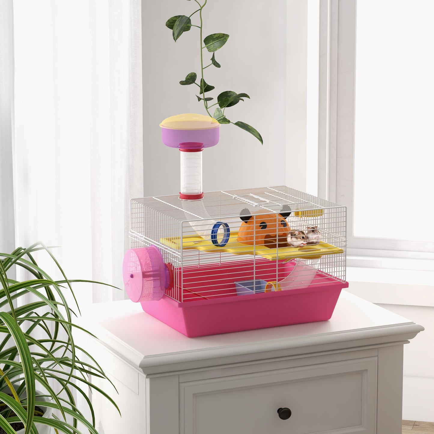 PawHut Jaula para Hámster Casa para Animales Pequeños con Cuenco Bebedero Rueda de Ejercicio Torre de Observación y Casita 34x27x25 cm Rosa