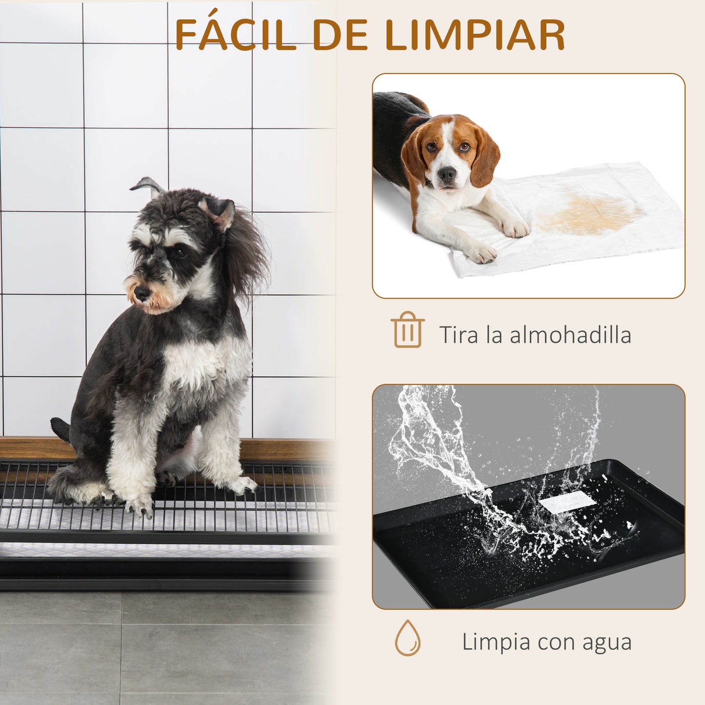 PawHut Inodoro para Perros de Acero y Madera Orinal para Entrenamiento de Cachorros Medianos Pequeños con Rejilla y Bandeja Extraíble 62x44,5x11 cm Marrón y Negro