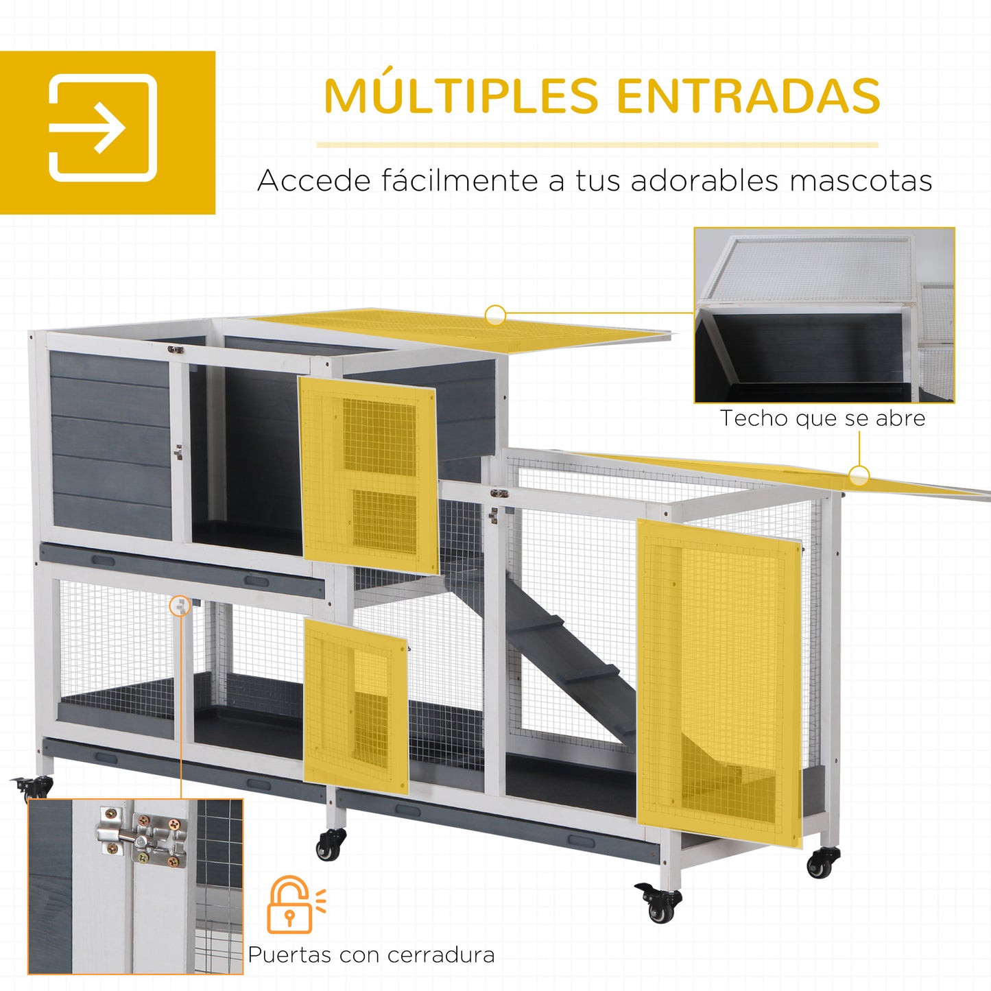 PawHut Conejera de Madera con Ruedas 147x45,5x88,5 cm Jaula para Conejos de 2 Niveles con Techo Abrible 2 Corrales de Metal 3 Bandejas Extraíbles 3 Puertas con Pestillo y Rampa Gris