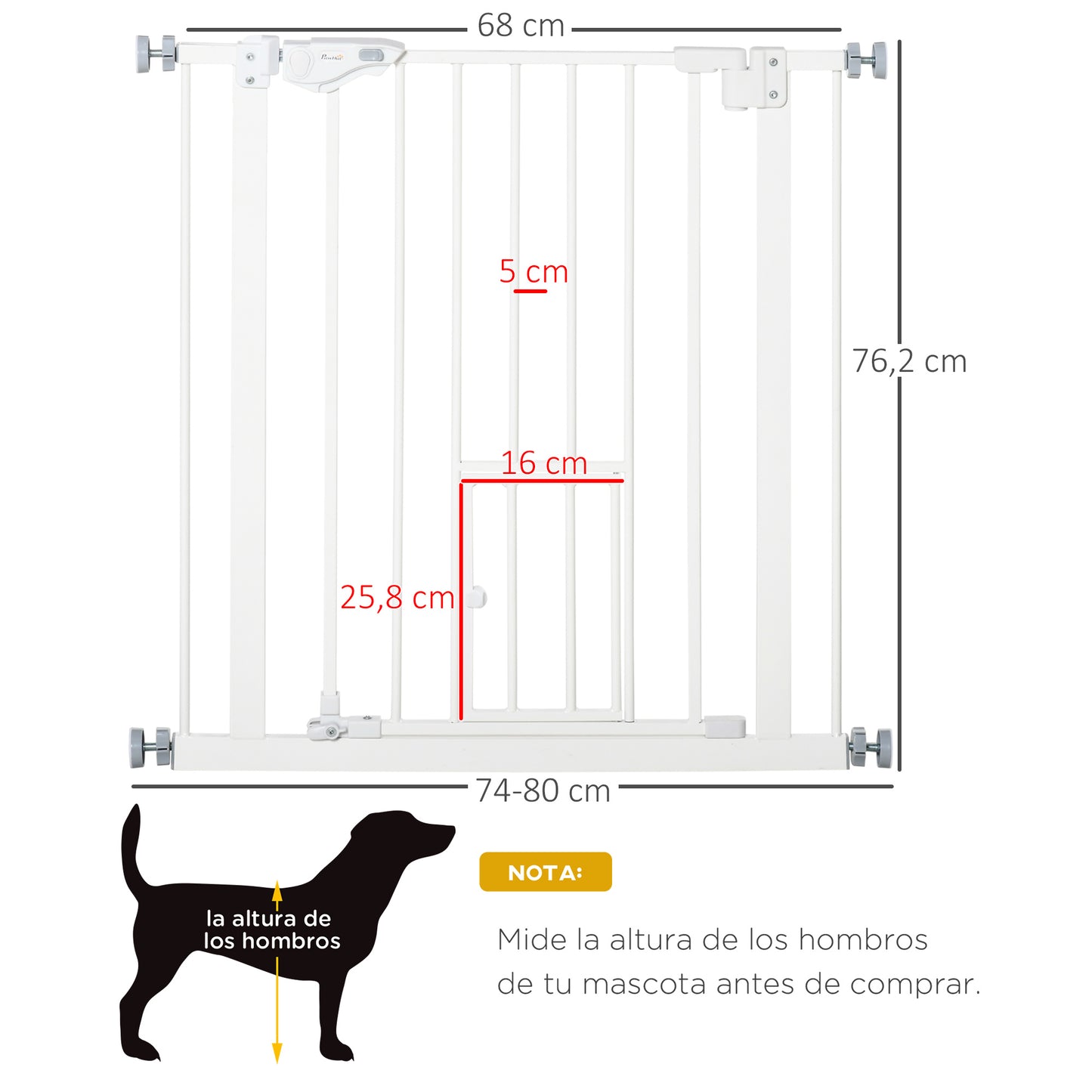 PawHut Barrera de Seguridad para Perros Barrera para Mascotas Extensible con Puerta Pequeño Cierre Automático y Sistema de Doble Bloqueo para Puerta Pasillo Escalera 74-80x76,2 cm Blanco