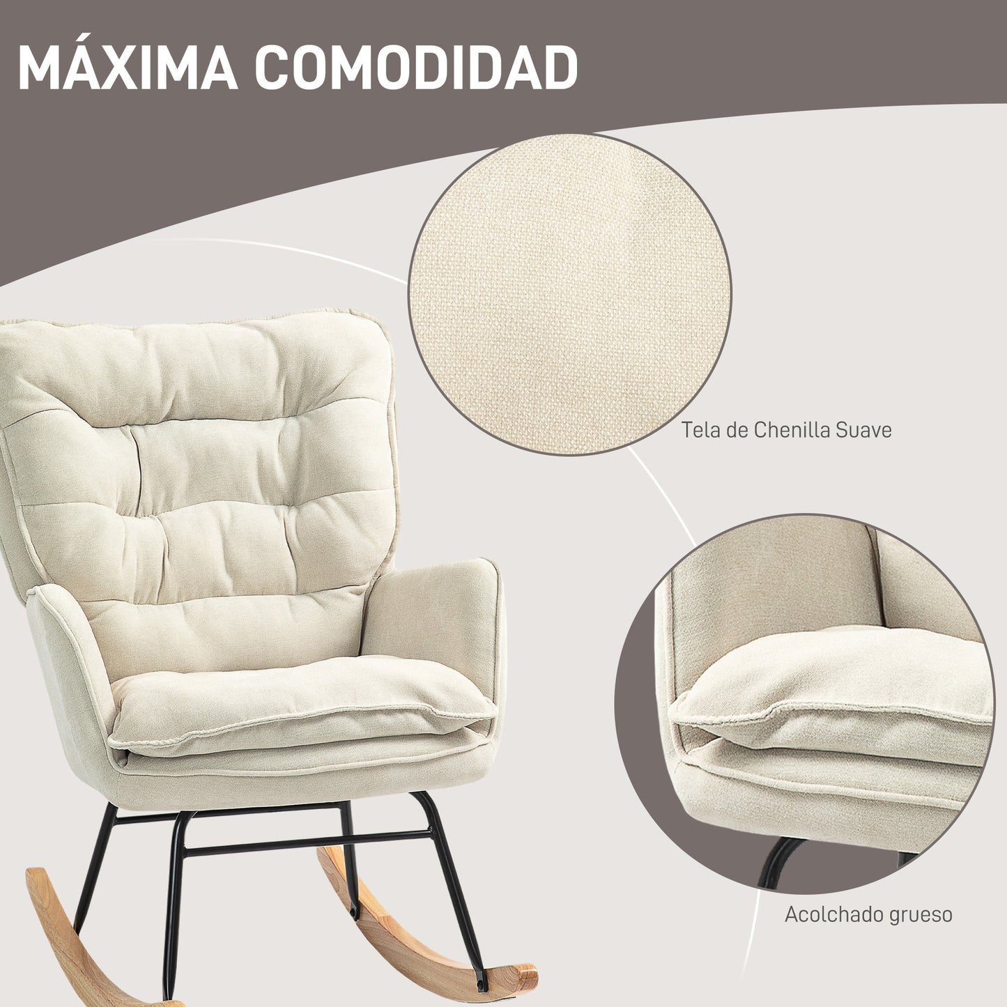 HOMCOM Mecedora Tapizada en Chenilla Silla Mecedora con Patas de Madera de Haya y Reposabrazos Mecedora para Lactancia Carga 120 kg para Dormitorio Salón Beige