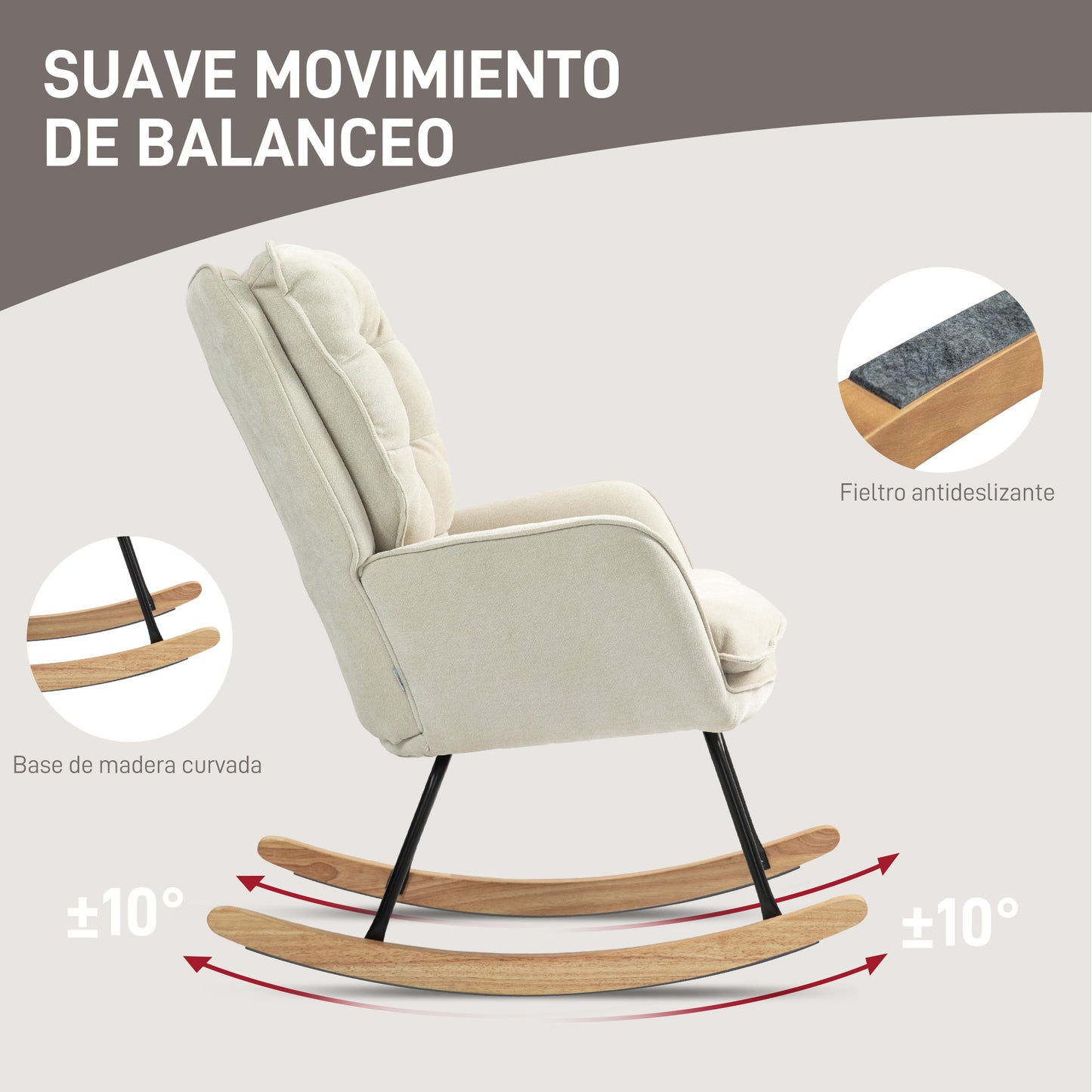 HOMCOM Mecedora Tapizada en Chenilla Silla Mecedora con Patas de Madera de Haya y Reposabrazos Mecedora para Lactancia Carga 120 kg para Dormitorio Salón Beige