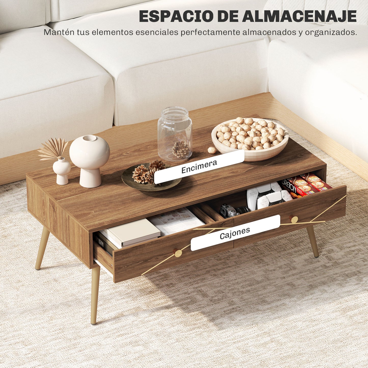 HOMCOM Mesa de Centro Mesa baja para Salón con 2 Cajones y Patas de Acero para Sala de Estar Dormitorio 100x50x41 cm Marrón