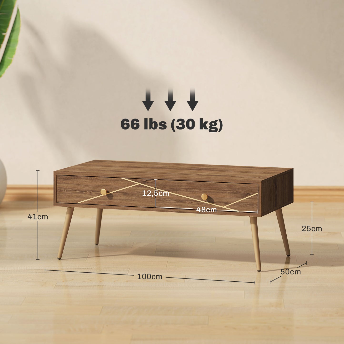 HOMCOM Mesa de Centro Mesa baja para Salón con 2 Cajones y Patas de Acero para Sala de Estar Dormitorio 100x50x41 cm Marrón