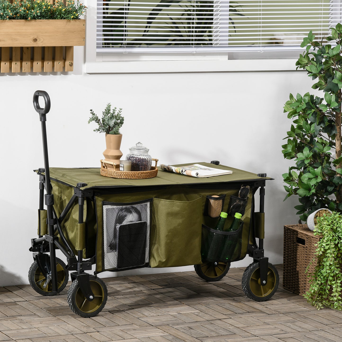 Outsunny Carro Plegable de Jardín con Ruedas Carro de Mano para Playa con Mango Telescópico Tablero Plegable 5 Bolsas de Almacenamiento Marco de Acero y Tela Oxford Carga 100 kg 108x55x93 cm Verde