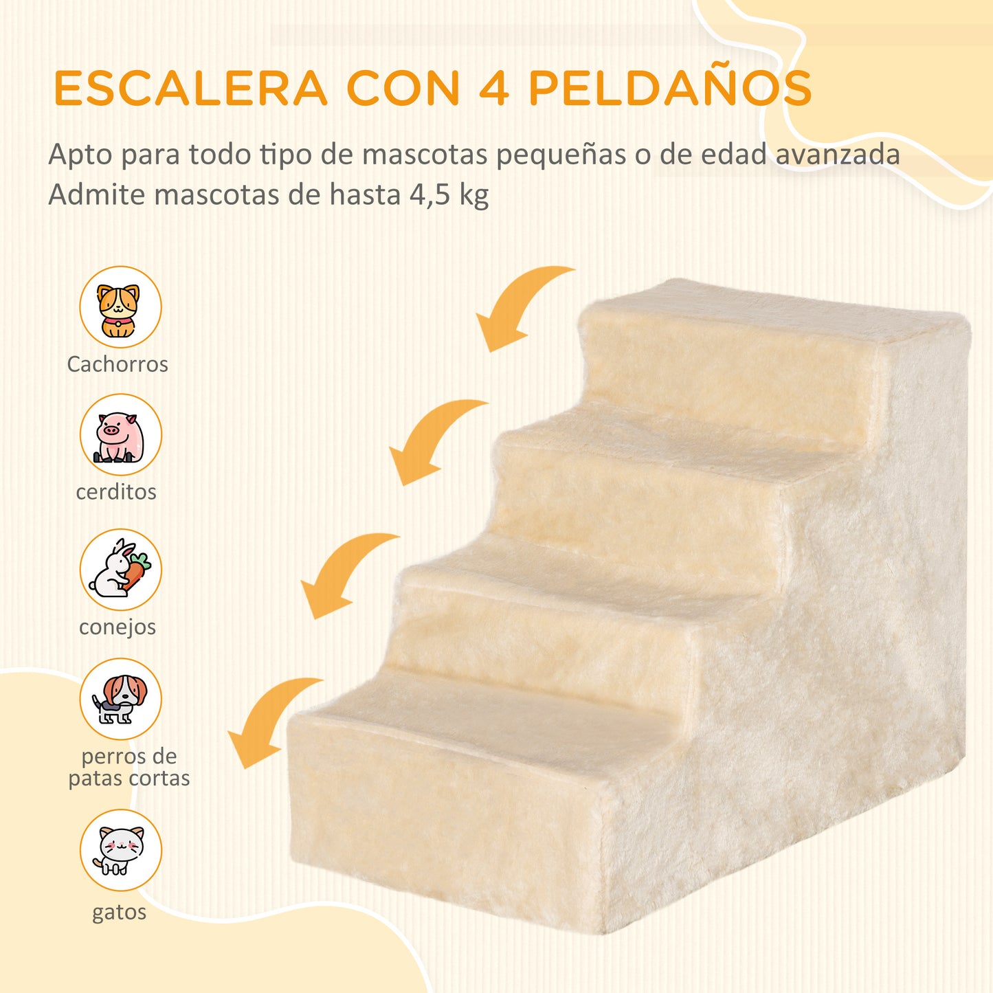 PawHut Escalera para Perros de 4 Peldaños Escalera para Mascotas con Funda Extraíble y Lavable para Cama Sofá 60x35x44 cm Beige