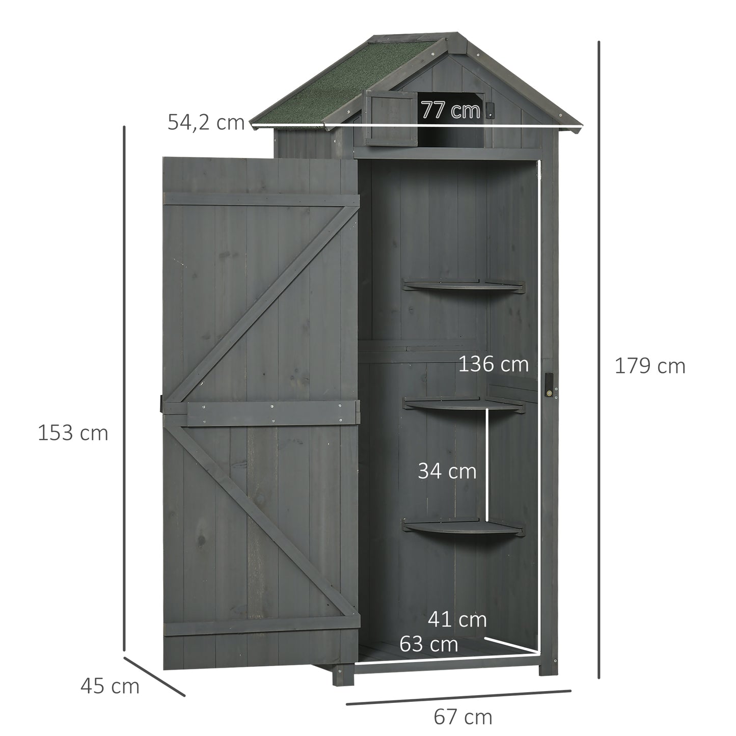 Outsunny Armario de Jardín de Madera 77x54,2x179 cm 0,3 m² Cobertizo para Almacenaje de Herramientas con 3 Estantes y 2 Puertas con Cerrojo para Patio Terraza Gris y Verde