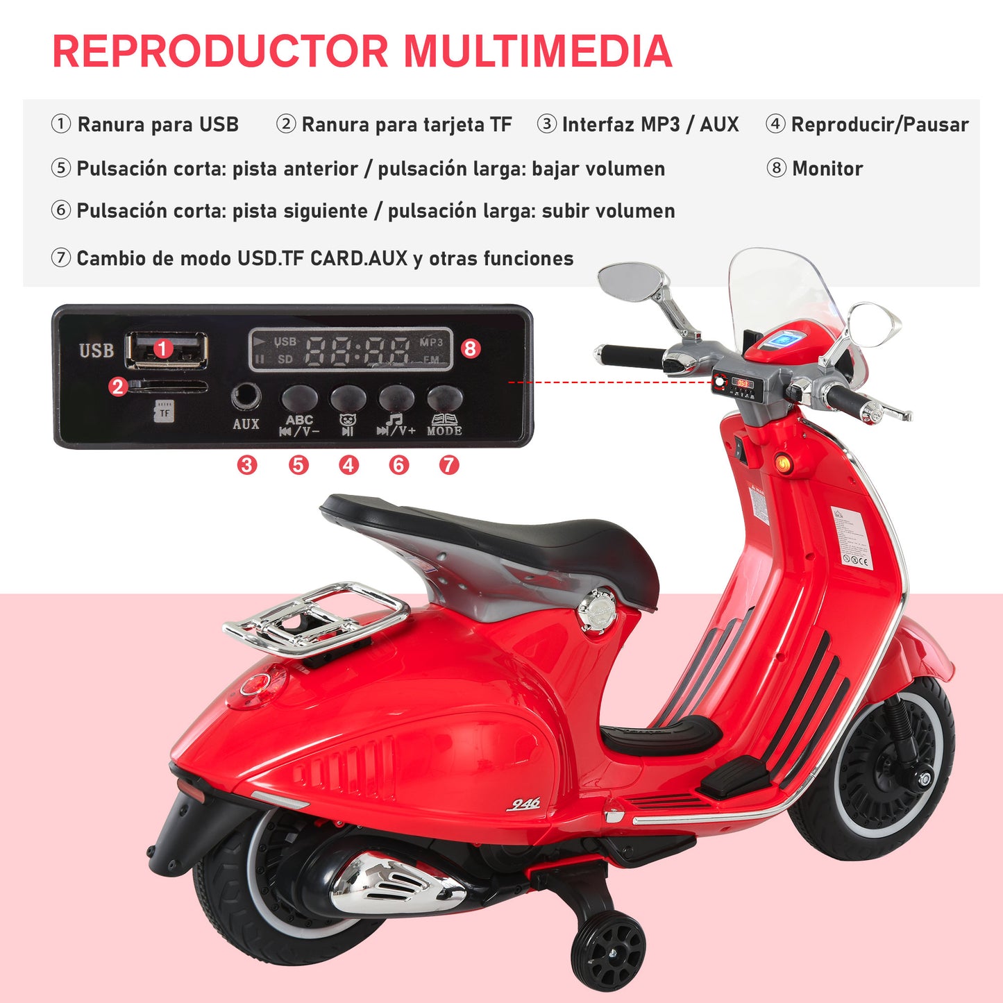 HOMCOM Moto Eléctrica para Niños de 3-6 Años Moto de Batería Autorizada de VESPA con Faros Música 2 Ruedas Auxiliares 108x49x75 cm Rojo