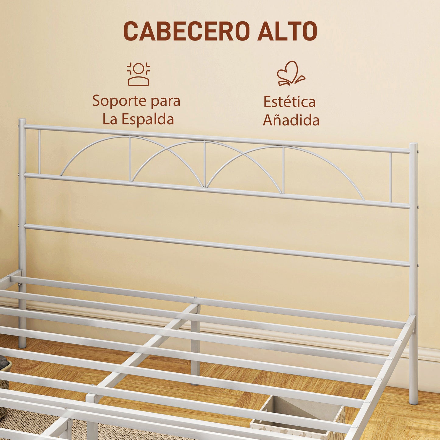 HOMCOM Cama Doble 150x200 cm Estructura de Cama Somier con Cabecera Listones de Acero y Espacio de Almacenamiento Debajo de la Cama Carga 330 kg Blanco