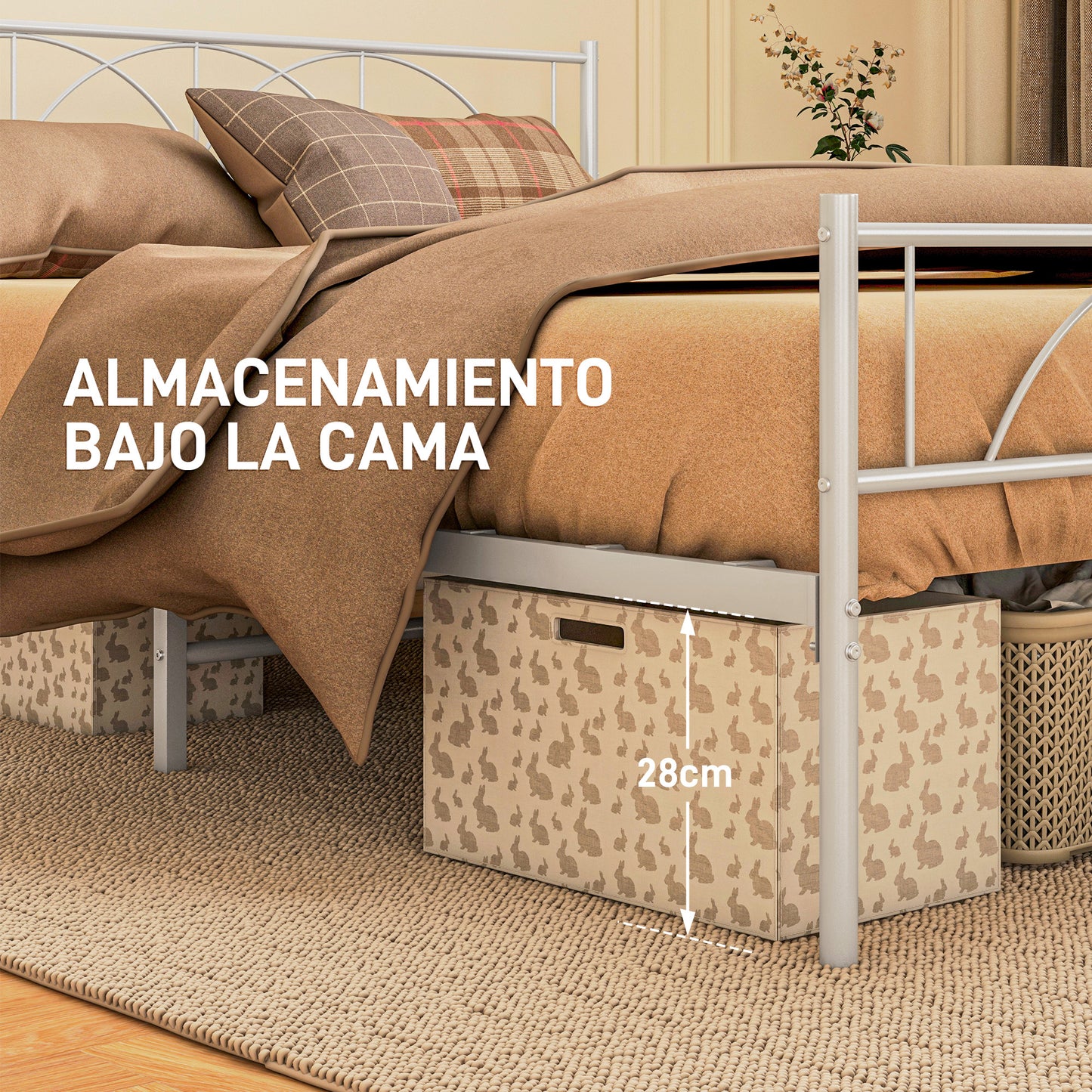 HOMCOM Cama Doble 150x200 cm Estructura de Cama Somier con Cabecera Listones de Acero y Espacio de Almacenamiento Debajo de la Cama Carga 330 kg Blanco