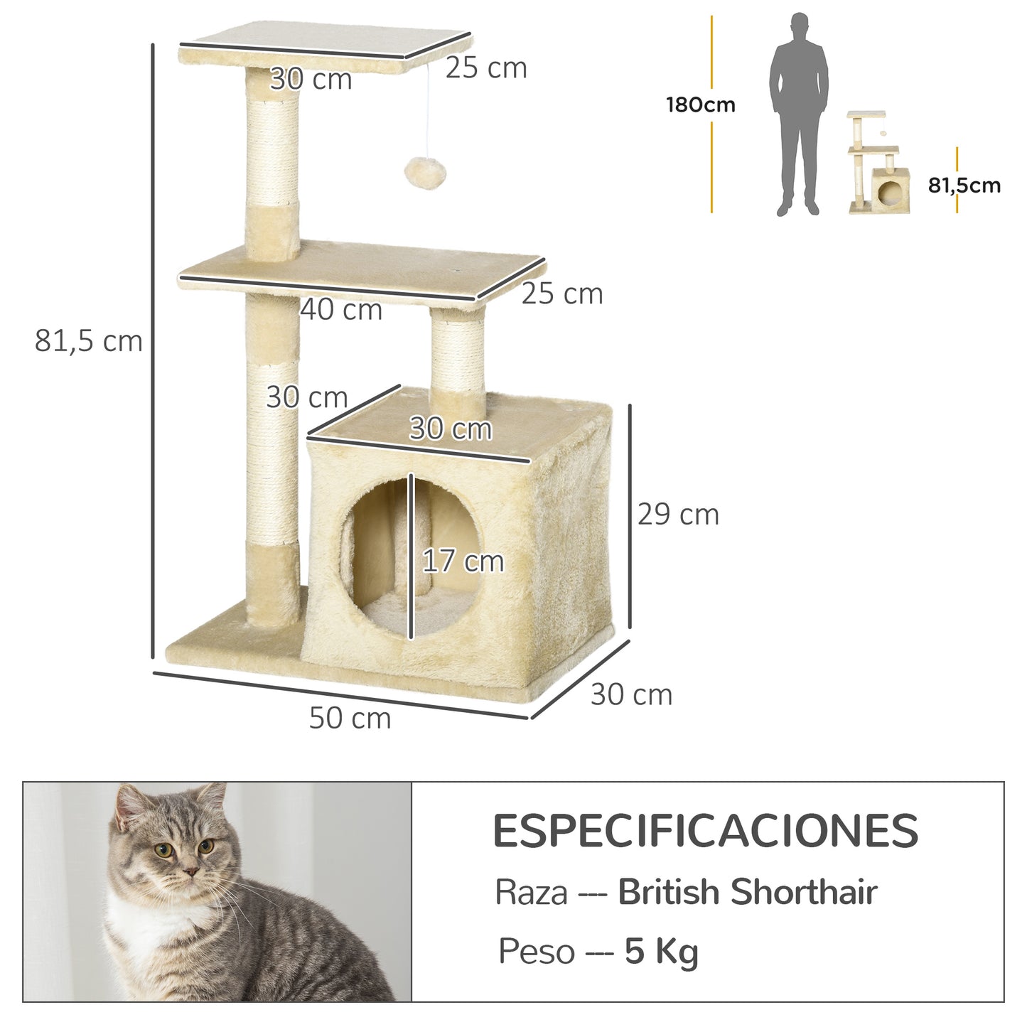 PawHut Árbol Rascador para Gatos 81,5 cm Torre para Gatos con Postes de Sisal 2 Plataformas Cueva y Bola Colgante Estilo Elegante 50x30x81,5 cm Beige