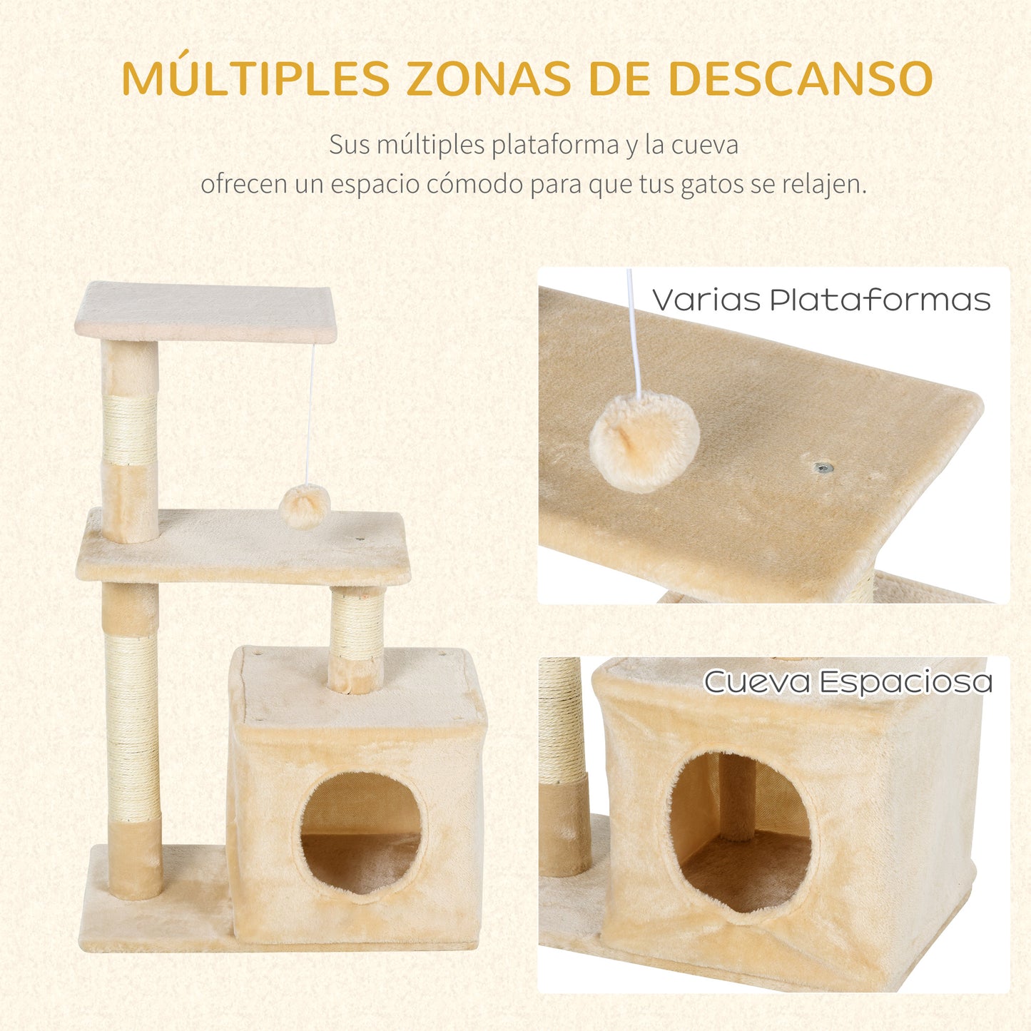 PawHut Árbol Rascador para Gatos 81,5 cm Torre para Gatos con Postes de Sisal 2 Plataformas Cueva y Bola Colgante Estilo Elegante 50x30x81,5 cm Beige