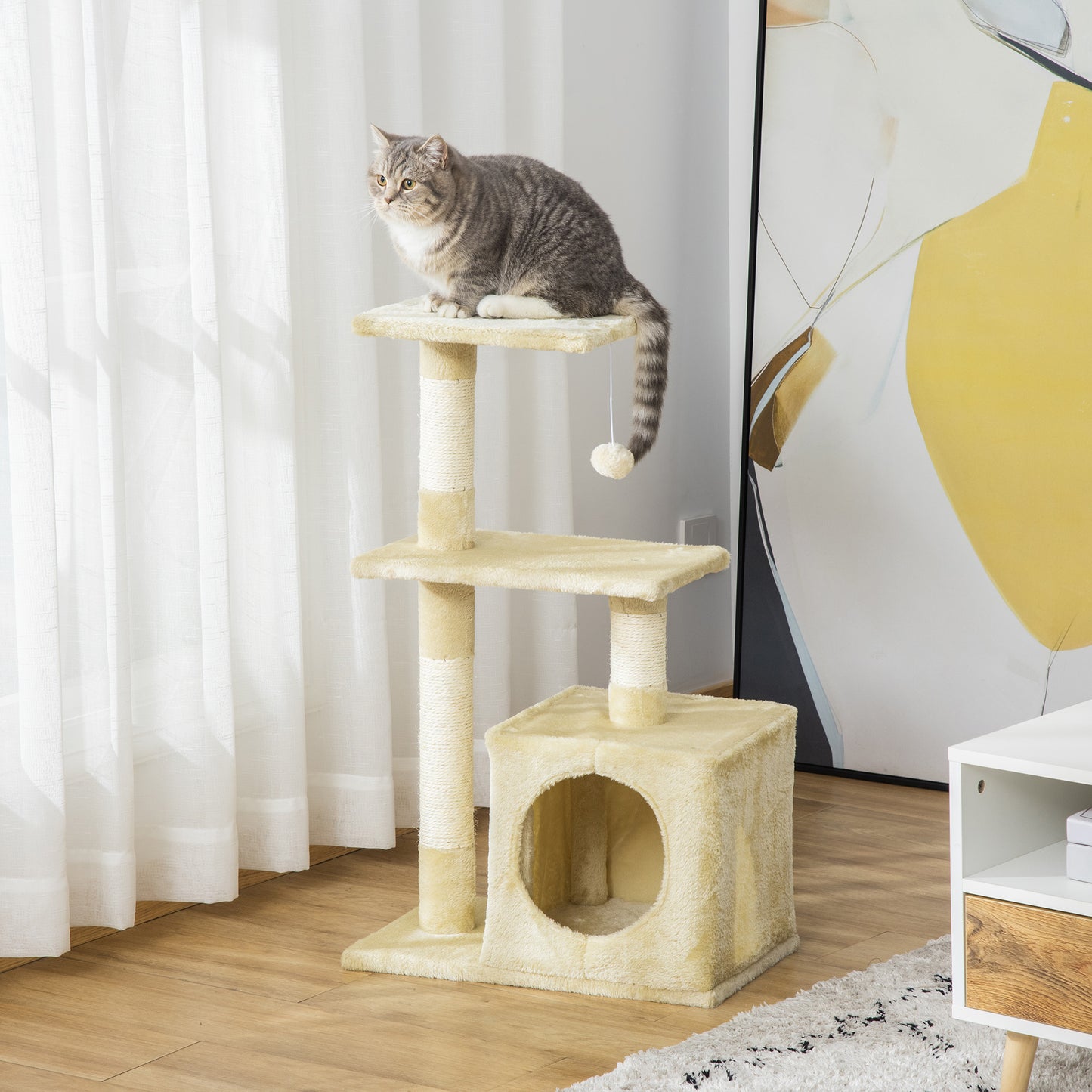 PawHut Árbol Rascador para Gatos 81,5 cm Torre para Gatos con Postes de Sisal 2 Plataformas Cueva y Bola Colgante Estilo Elegante 50x30x81,5 cm Beige