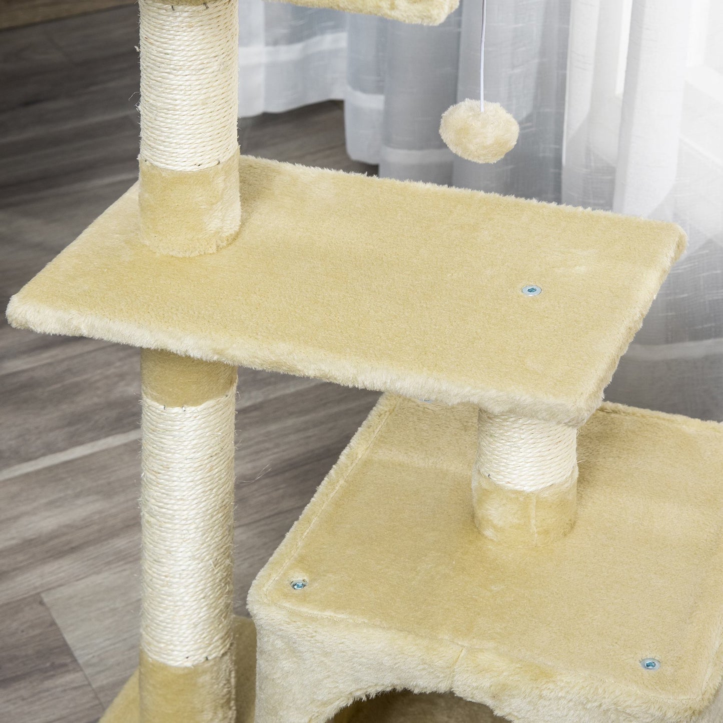 PawHut Árbol Rascador para Gatos 81,5 cm Torre para Gatos con Postes de Sisal 2 Plataformas Cueva y Bola Colgante Estilo Elegante 50x30x81,5 cm Beige