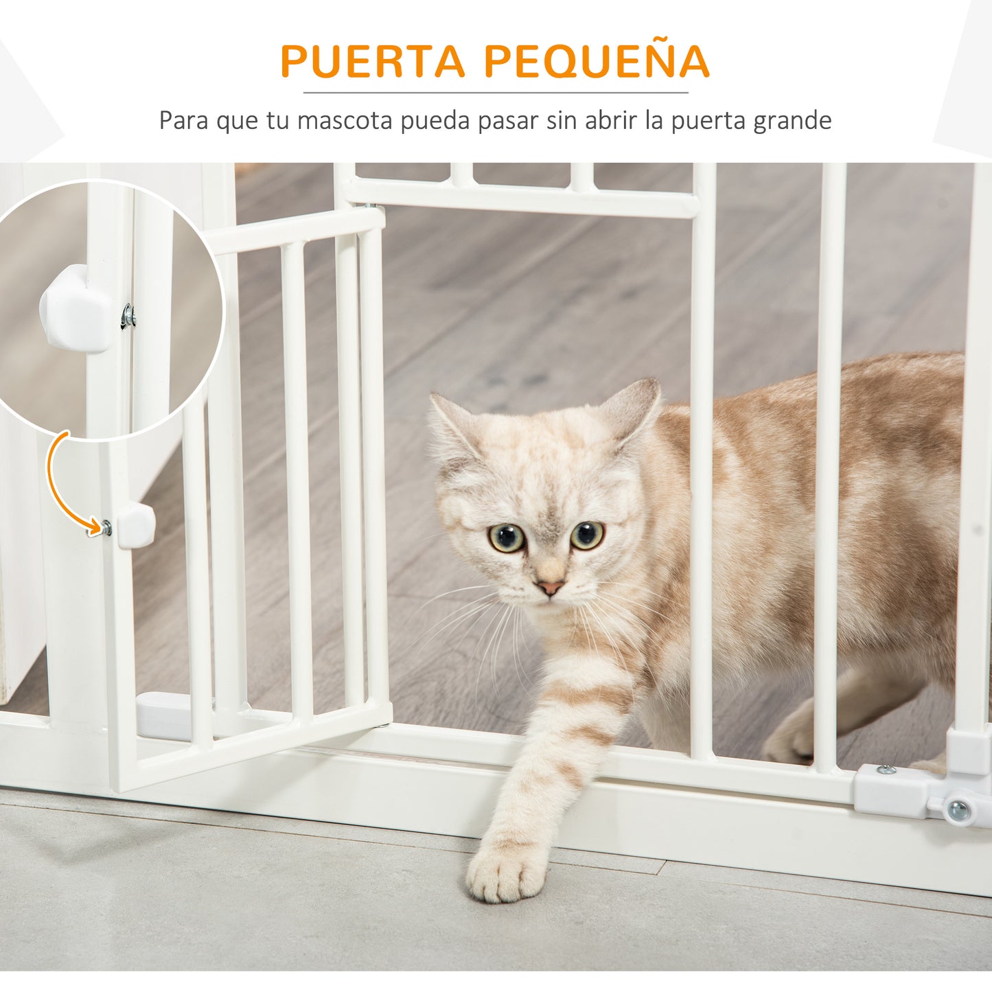 PawHut Barrera de Seguridad para Perros Barrera para Mascotas Extensible con Puerta Pequeño Cierre Automático y Sistema de Doble Bloqueo para Puerta Pasillo Escalera 74-80x76,2 cm Blanco