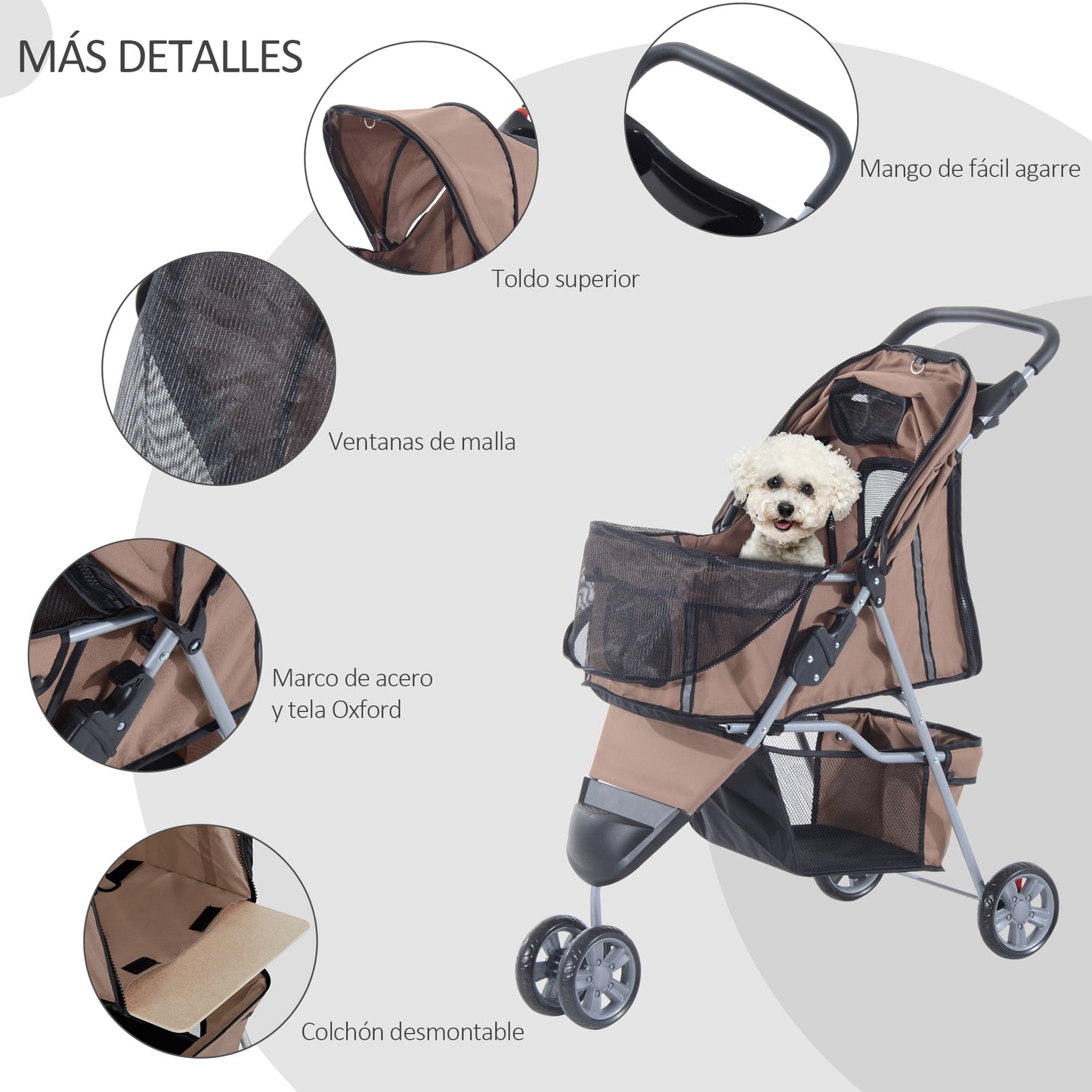 PawHut Carrito para Perros Plegable Cochecito para Mascotas Carrito para Perros Pequeños con Cesta de Almacenaje Ventanas de Malla y 2 Ruedas Universales 75x45x97 cm Café