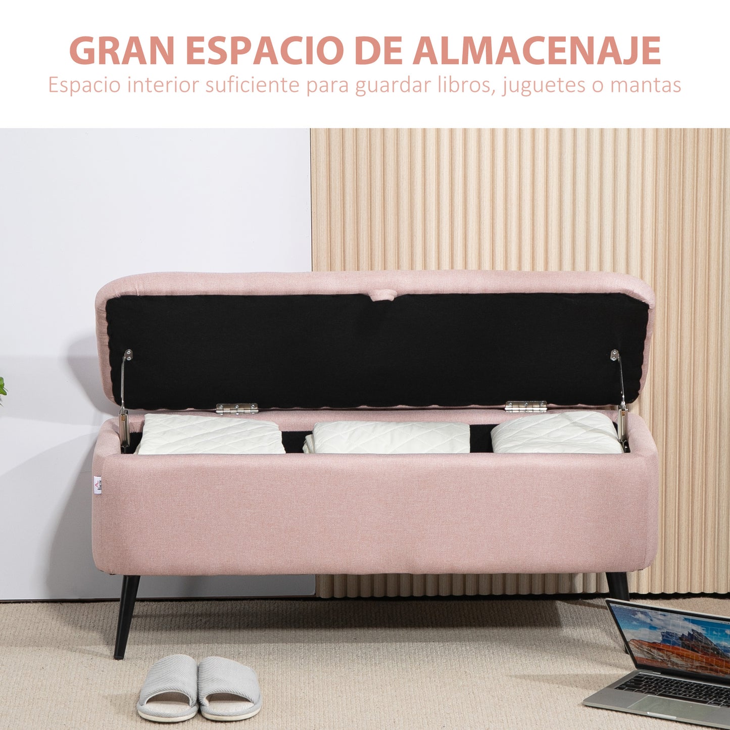 HOMCOM Banco de Almacenamiento Taburete de Almacenaje Tapizado en Lino con Tapa Abatible y Patas de Acero para Dormitorio Salón Entrada Carga 150 kg 101x38,5x44,5 cm Rosa