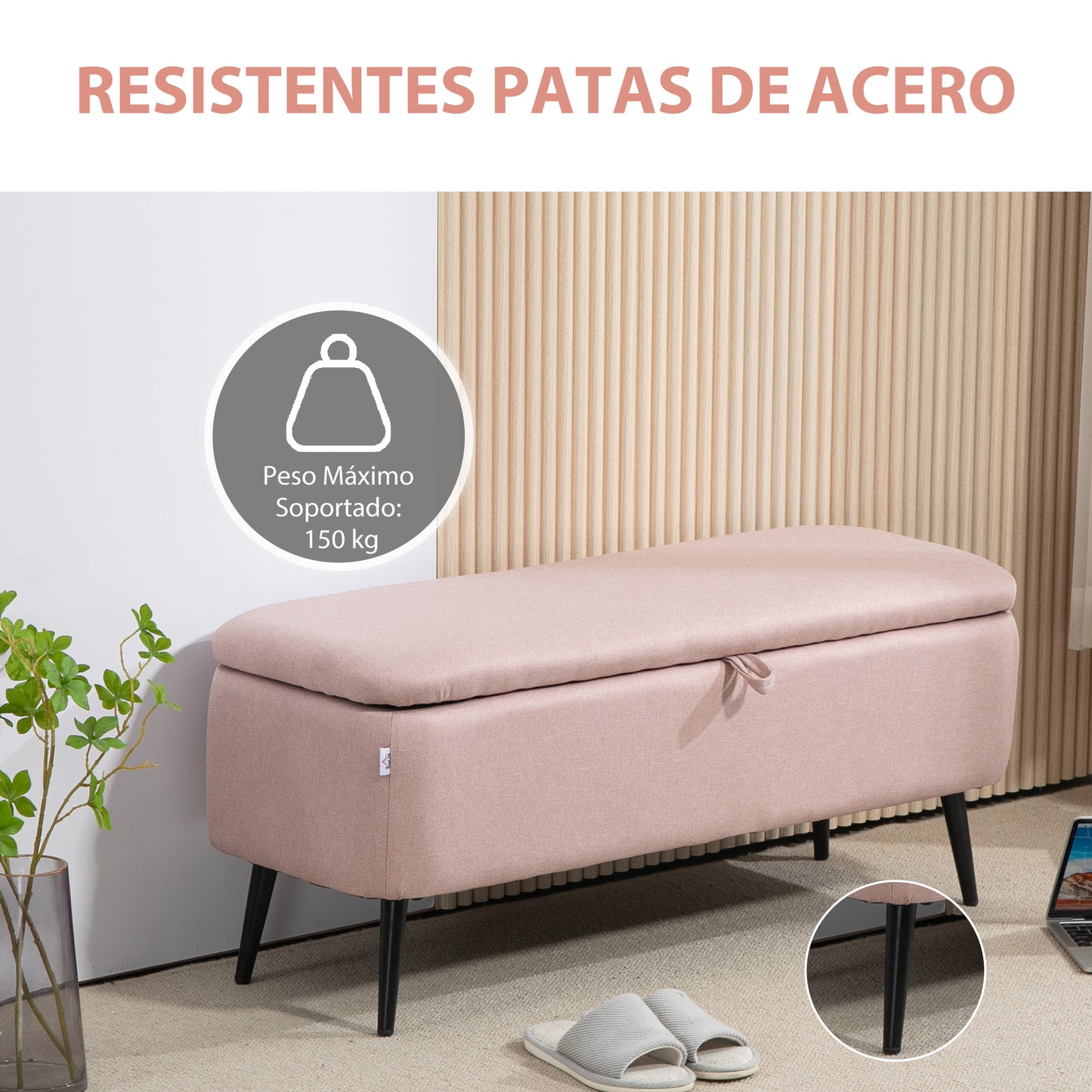 HOMCOM Banco de Almacenamiento Taburete de Almacenaje Tapizado en Lino con Tapa Abatible y Patas de Acero para Dormitorio Salón Entrada Carga 150 kg 101x38,5x44,5 cm Rosa