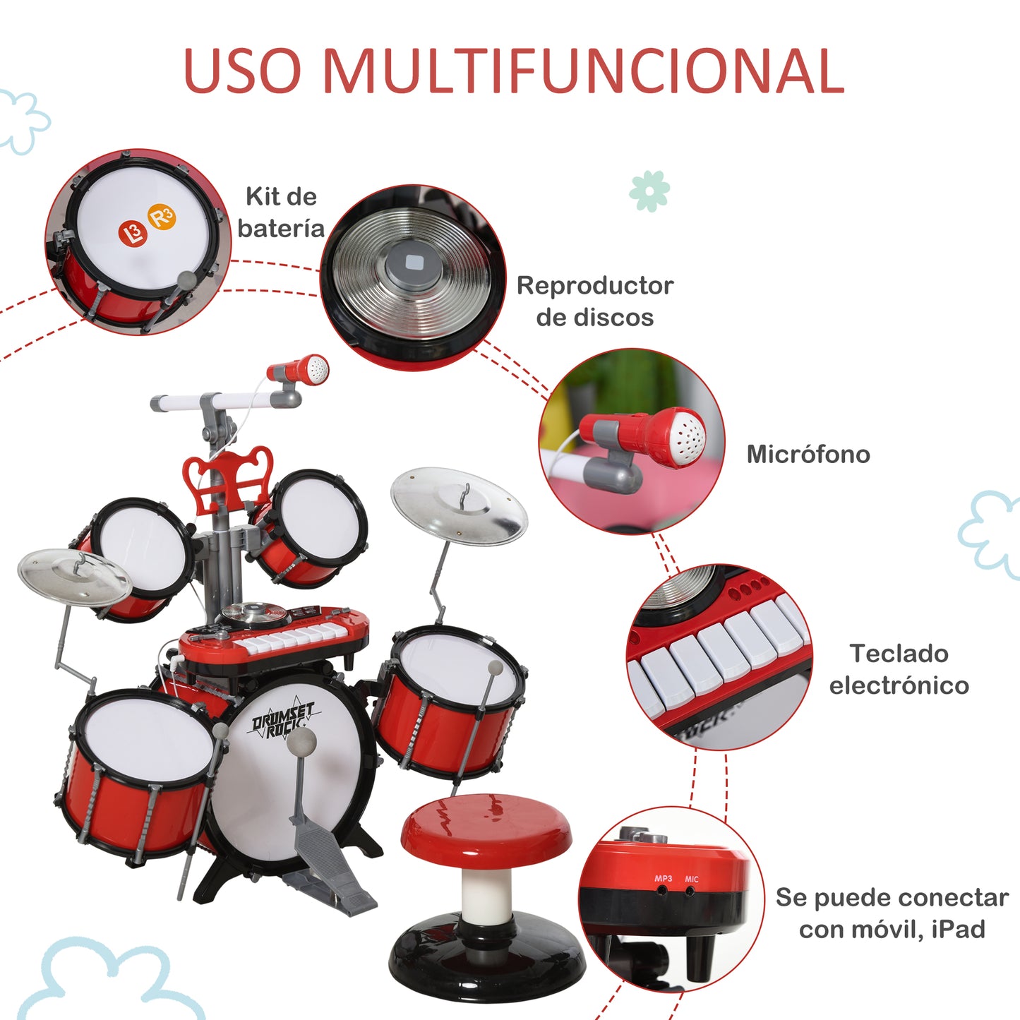 HOMCOM Batería Infantil con Taburete Micrófono Platos Baquetas Teclado y Varios Efectos de DJ Instrumento Musical para Niños +3 Años 77,5x40x76,5 cm Rojo