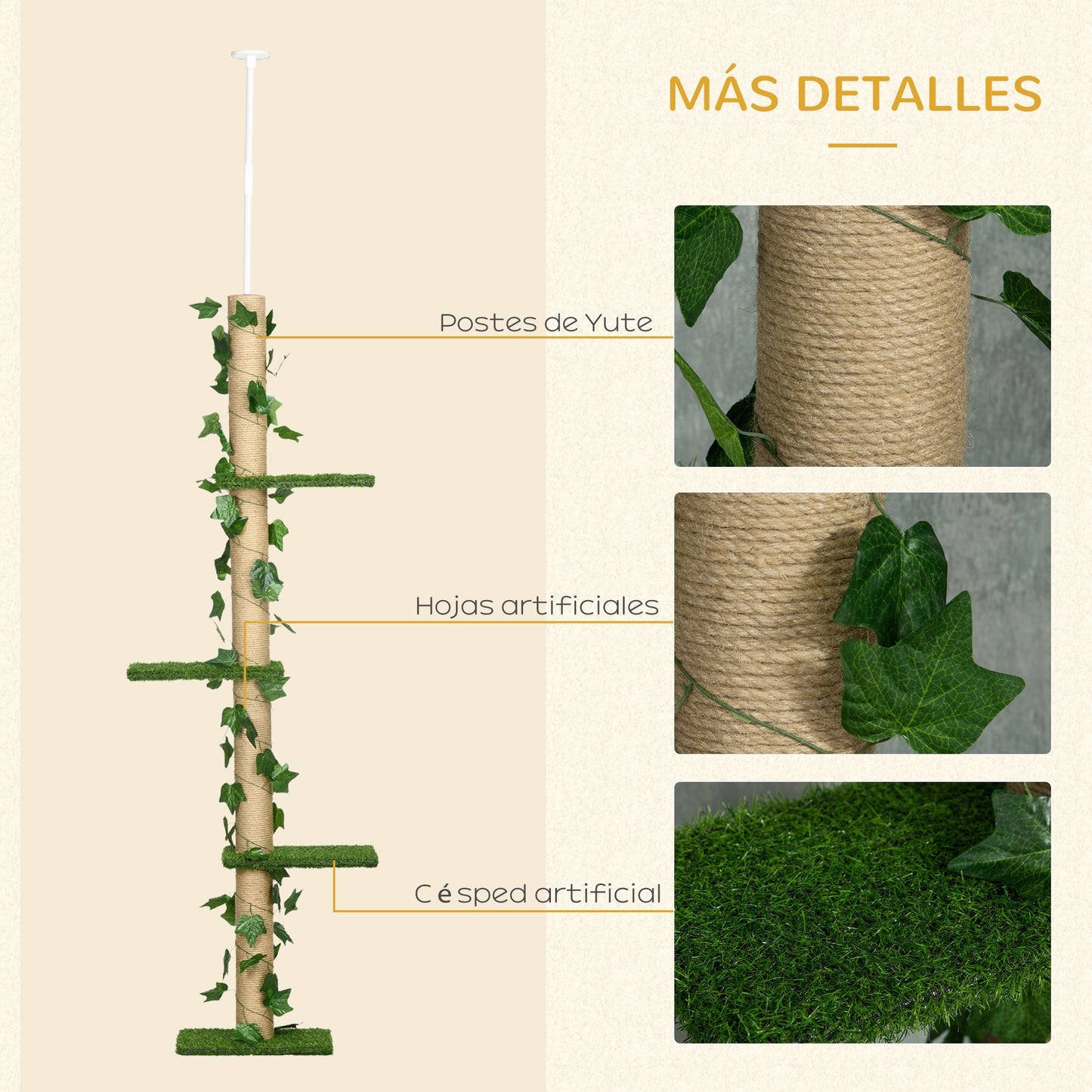 Pawhut Árbol para Gatos de Suelo a Techo de 202-242 cm Torre para Gatos con 3 Plataformas Postes Rascadores Altura Ajustable y Decoración de Hoja de Arce Verde