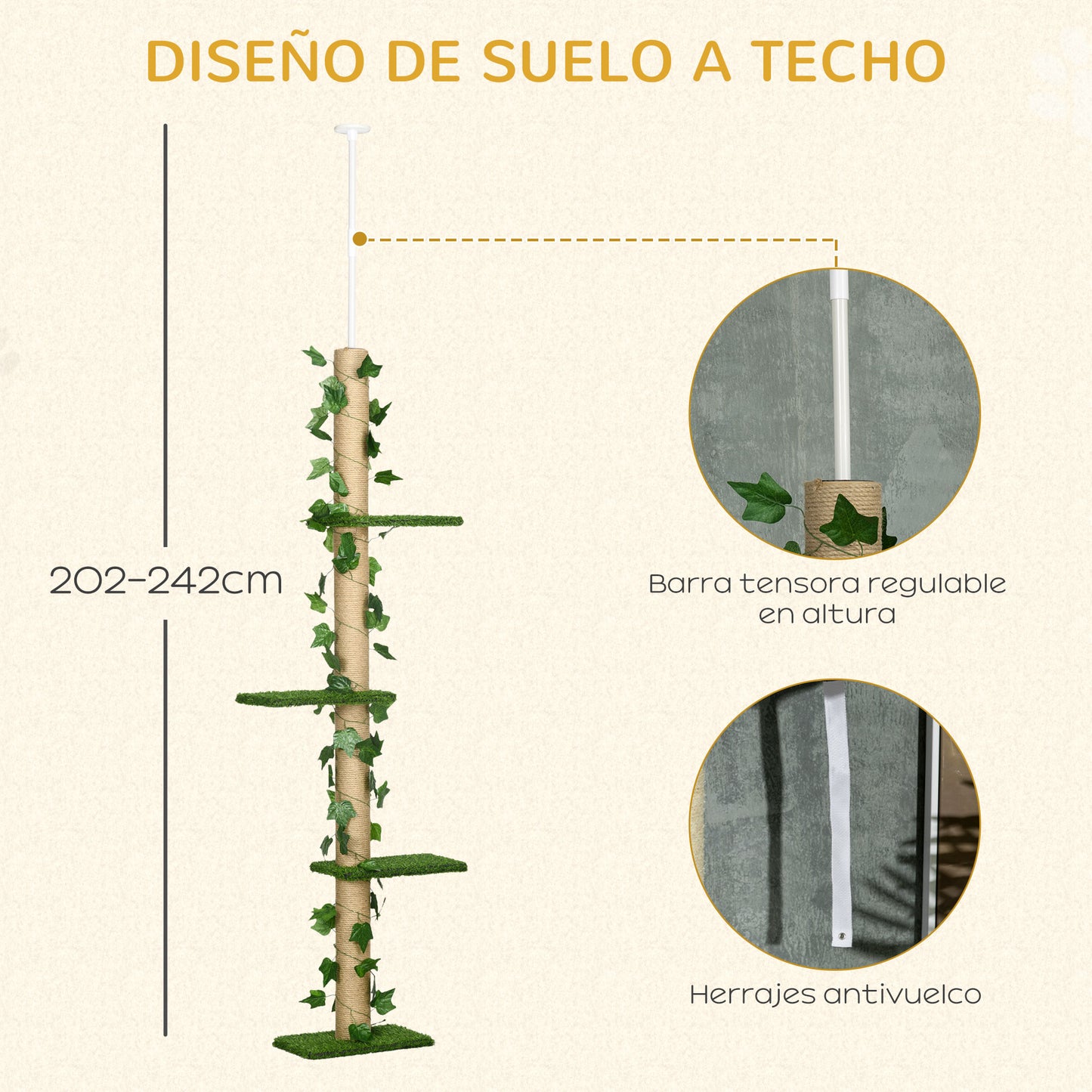 Pawhut Árbol para Gatos de Suelo a Techo de 202-242 cm Torre para Gatos con 3 Plataformas Postes Rascadores Altura Ajustable y Decoración de Hoja de Arce Verde