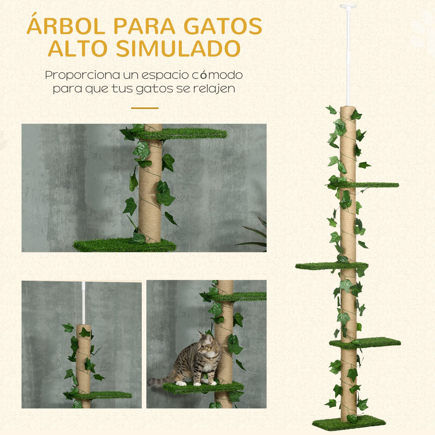 Pawhut Árbol para Gatos de Suelo a Techo de 202-242 cm Torre para Gatos con 3 Plataformas Postes Rascadores Altura Ajustable y Decoración de Hoja de Arce Verde