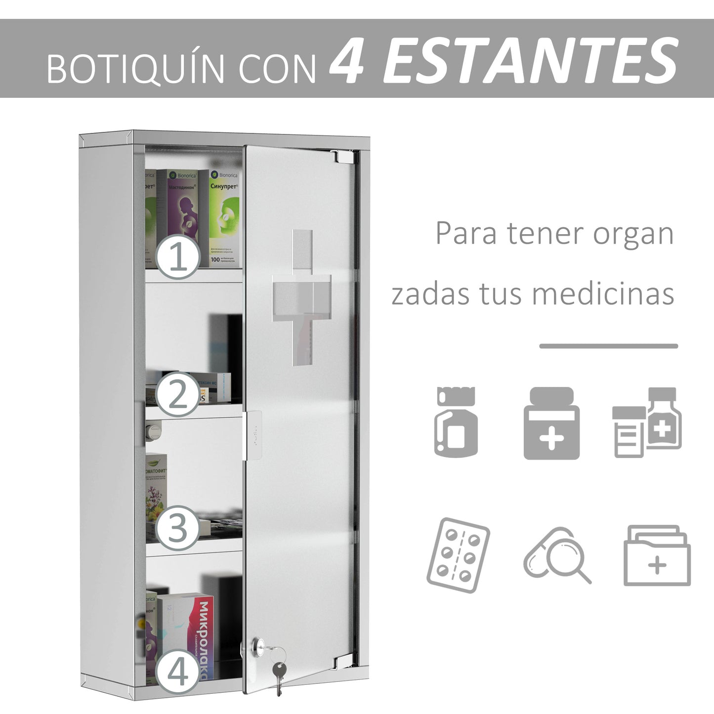 HOMCOM Armario Botiquín de Acero Inoxidable de Primeros de 4 Niveles Auxilios para Medicinas 60x30x12 cm Plateado