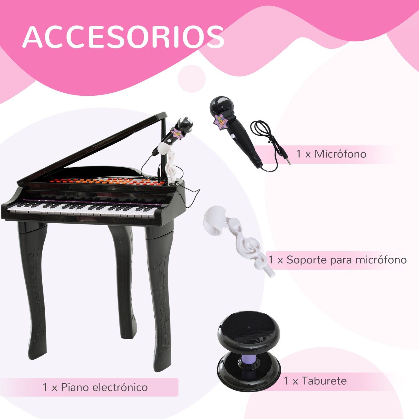 HOMCOM Piano Infantil 37 Teclas Teclado Electrónico Juego de Piano con Micrófono Taburete Luces y 22 Canciones USB/MP3 Karaoke Modo de Enseñanza Negro