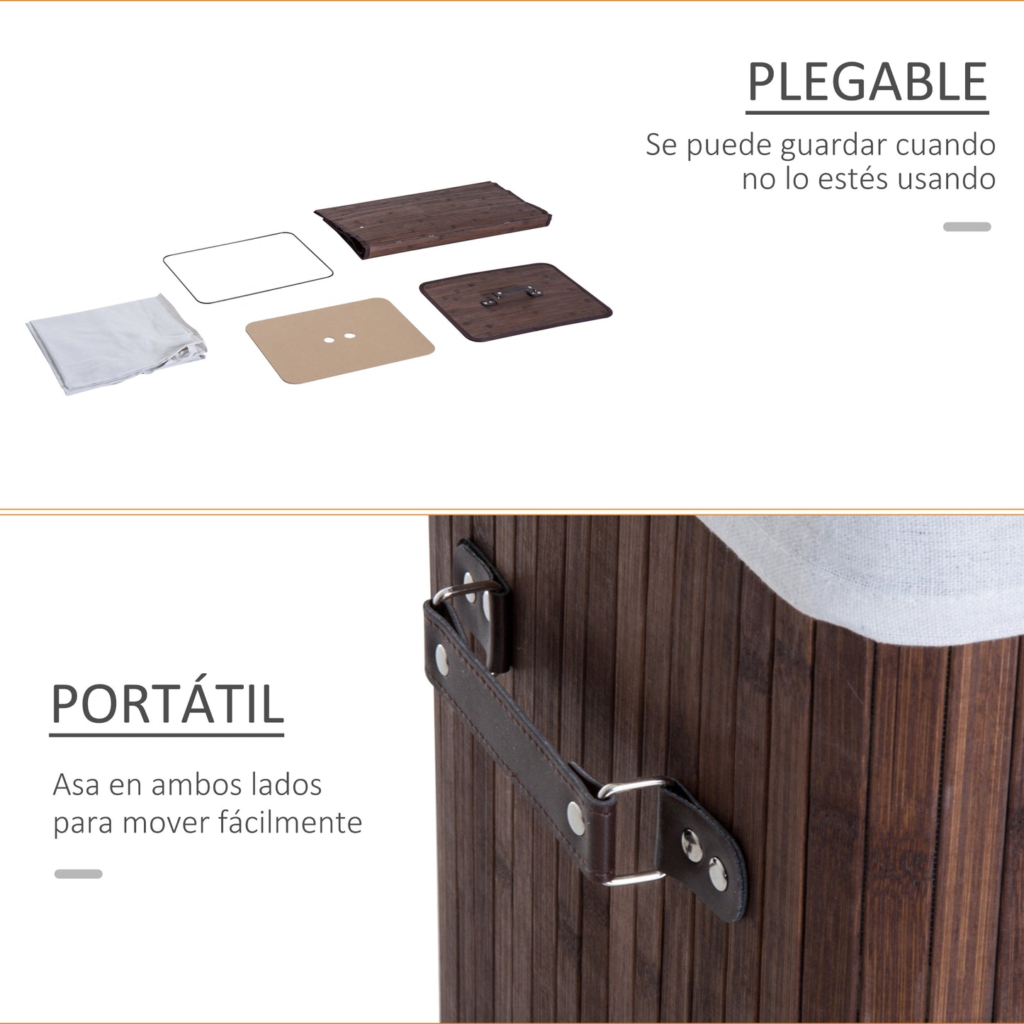 HOMCOM Cesto para Ropa Sucia Plegable con Tapa Cubo para Colada Cesta de Lavandería Rectangular Bambú 70L con Asas 40x30x60cm