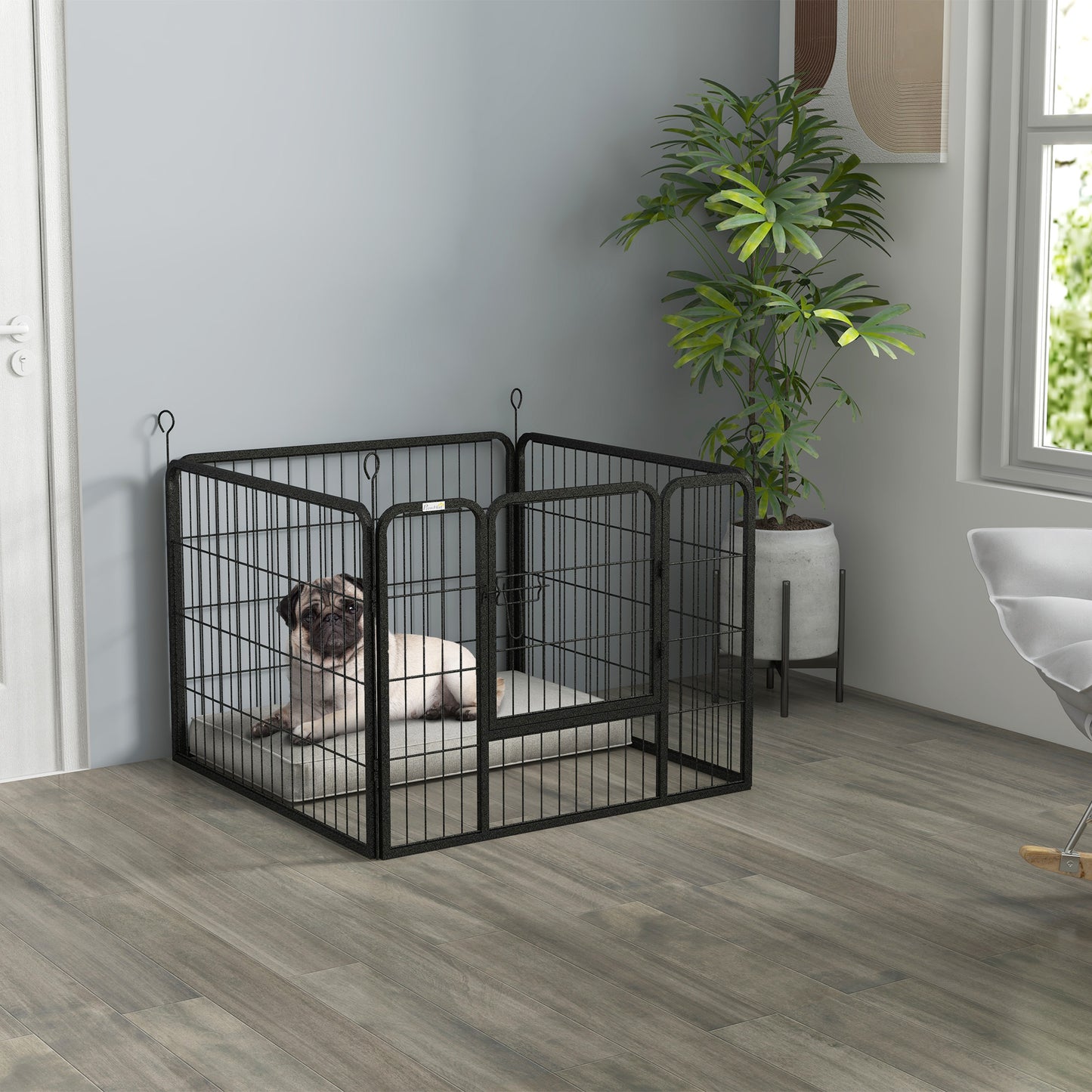 PawHut Parque para Perros de 4 Paneles 82x82x60 cm Parque de Juegos para Mascotas Plegable con Puerta de Pestillo y Marco de Metal para Interior y Exterior Gris