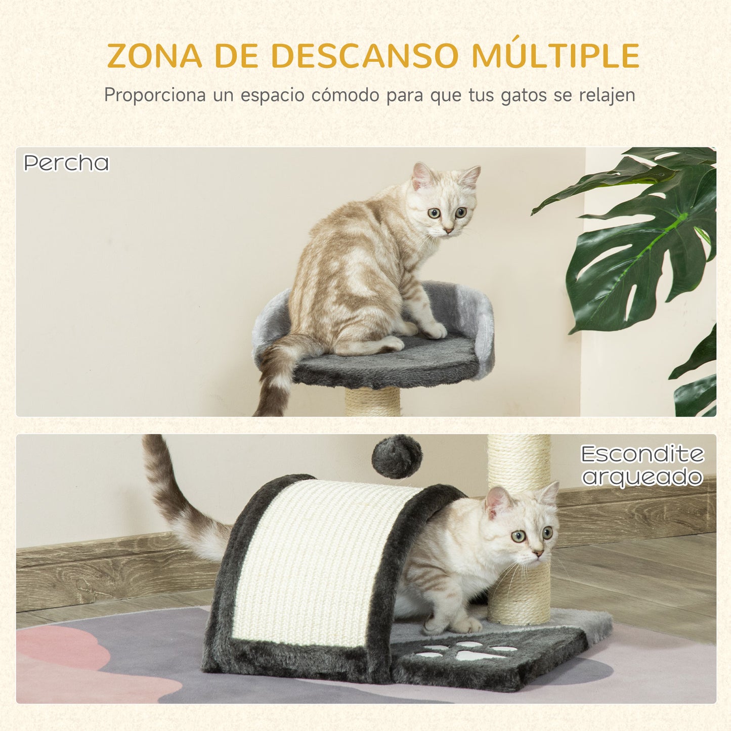 PawHut Árbol Rascador para Gatos Pequeños Altura 46 cm de 2 Niveles Árbol para Gatos con Poste Tablero para Rascar Plataformas y Juguete de Bola Colgante 35,5x37x46 cm Gris Oscuro